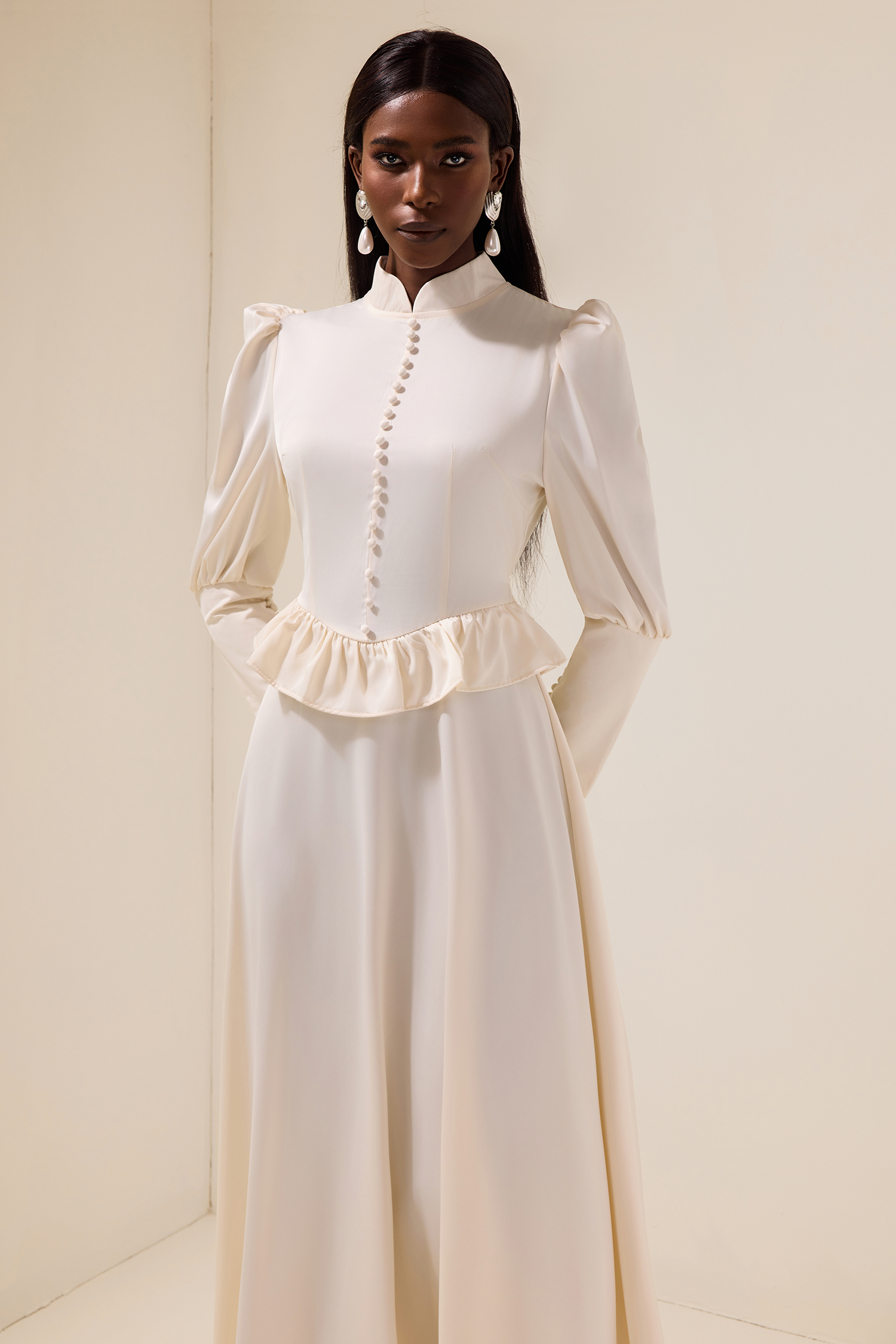 Satin Faux Pearl Button Frill Maxi Dress