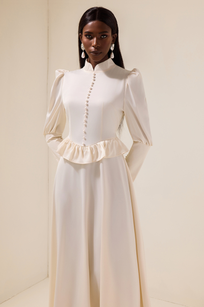 Satin Faux Pearl Button Frill Maxi Dress