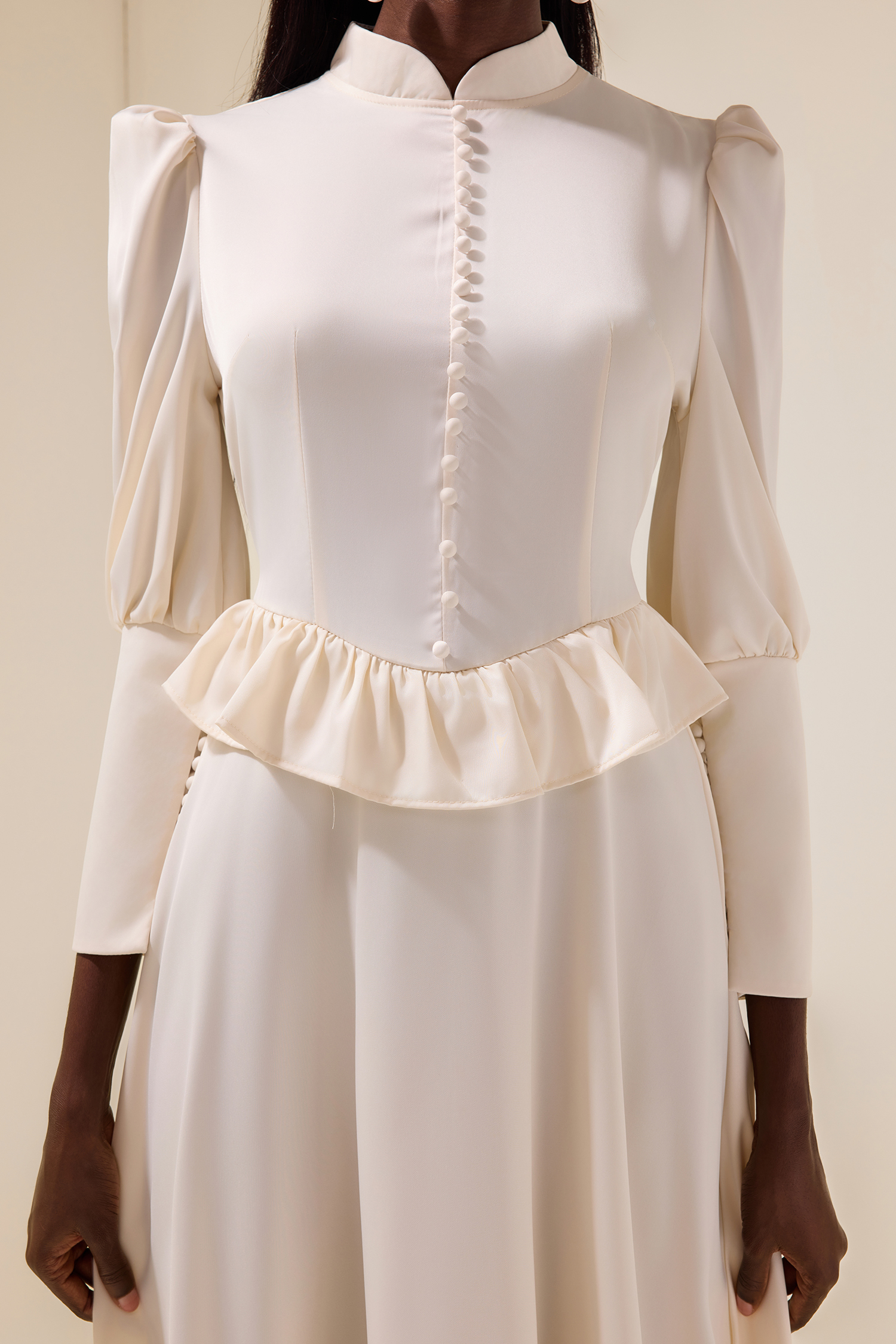 Satin Faux Pearl Button Frill Maxi Dress