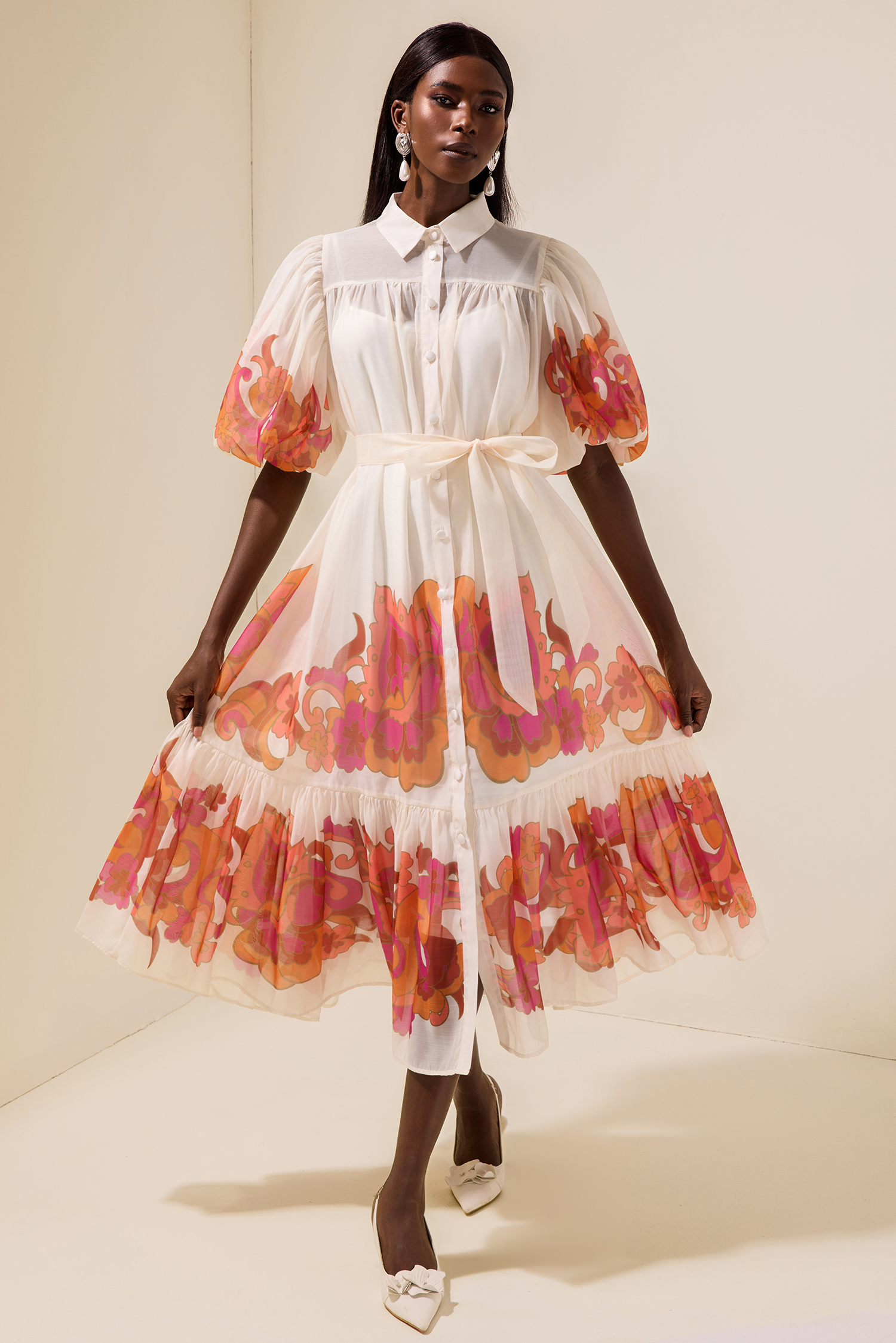 Floral Shirt Collar Single Breasted Midi Dress