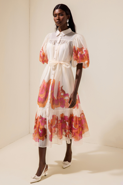 Floral Shirt Collar Single Breasted Midi Dress