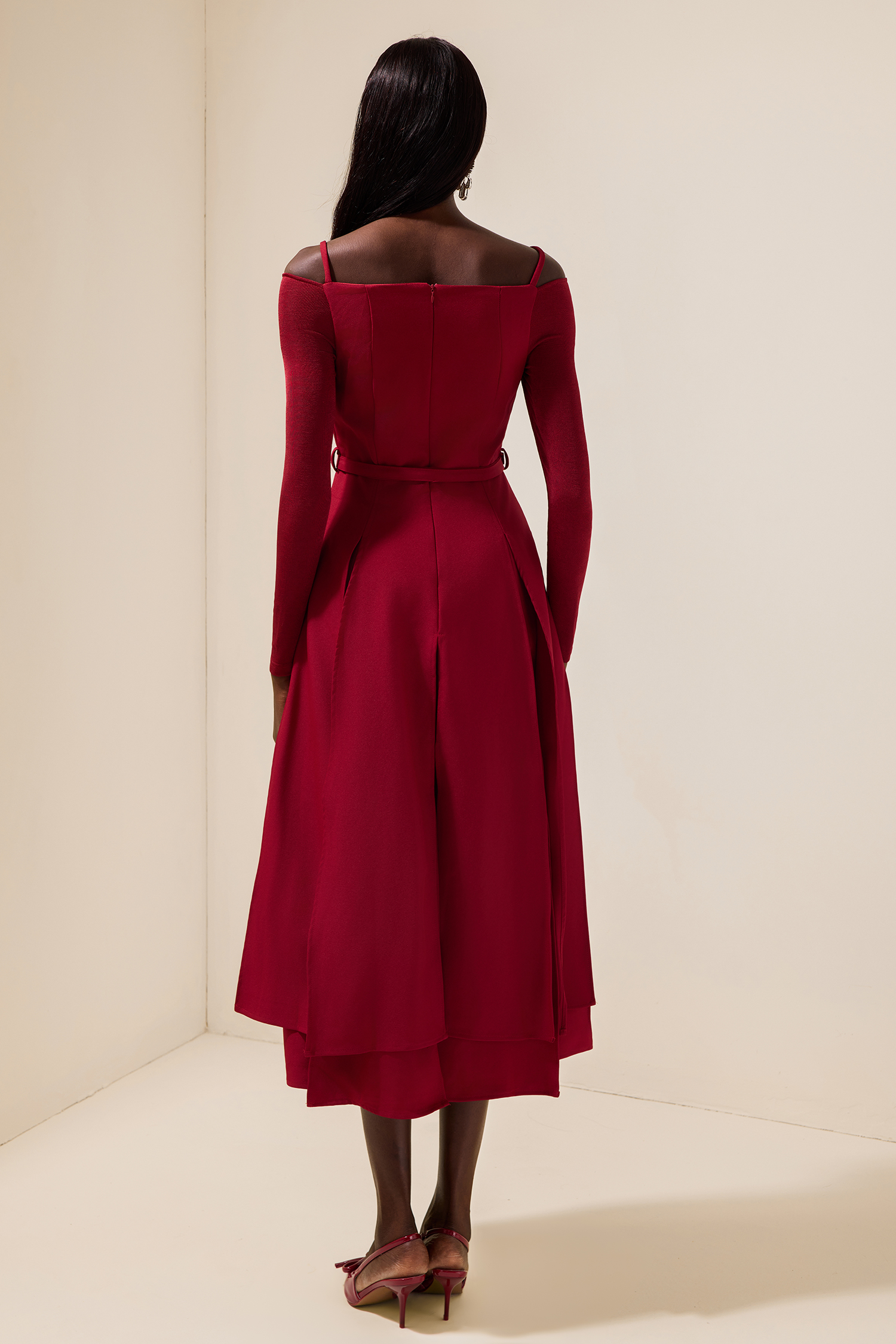 Solid Jersey Square Collar Slit Midi Dress With Belt