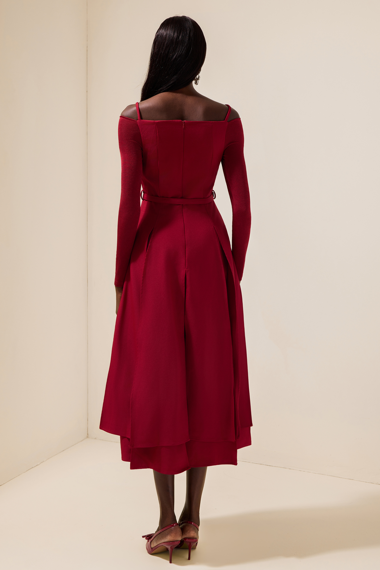 Solid Jersey Square Collar Slit Midi Dress With Belt