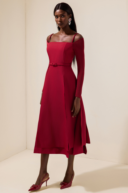 Solid Jersey Square Collar Slit Midi Dress With Belt