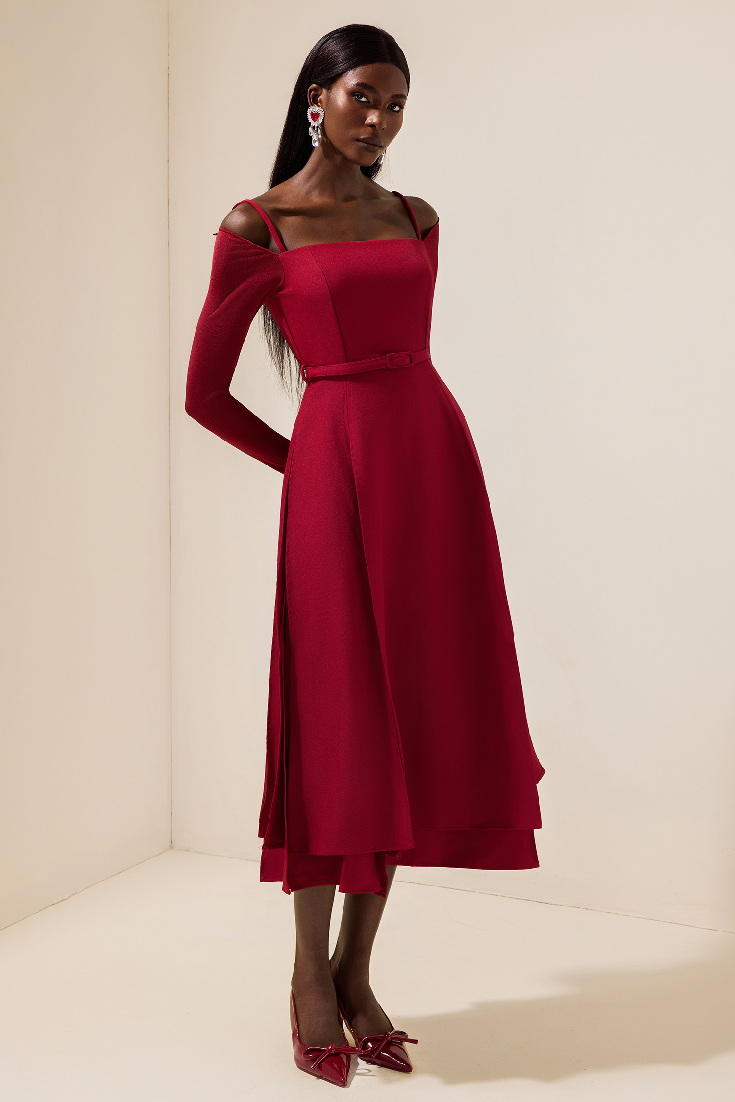 Solid Jersey Square Collar Slit Midi Dress With Belt
