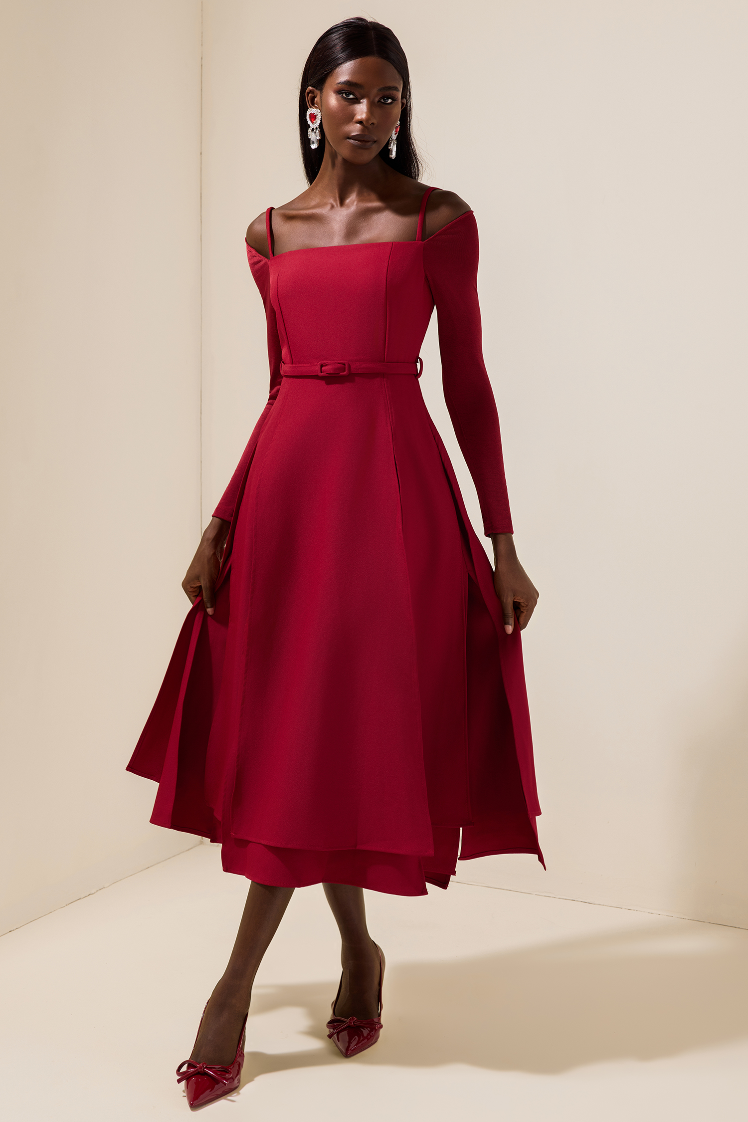 Solid Jersey Square Collar Slit Midi Dress With Belt