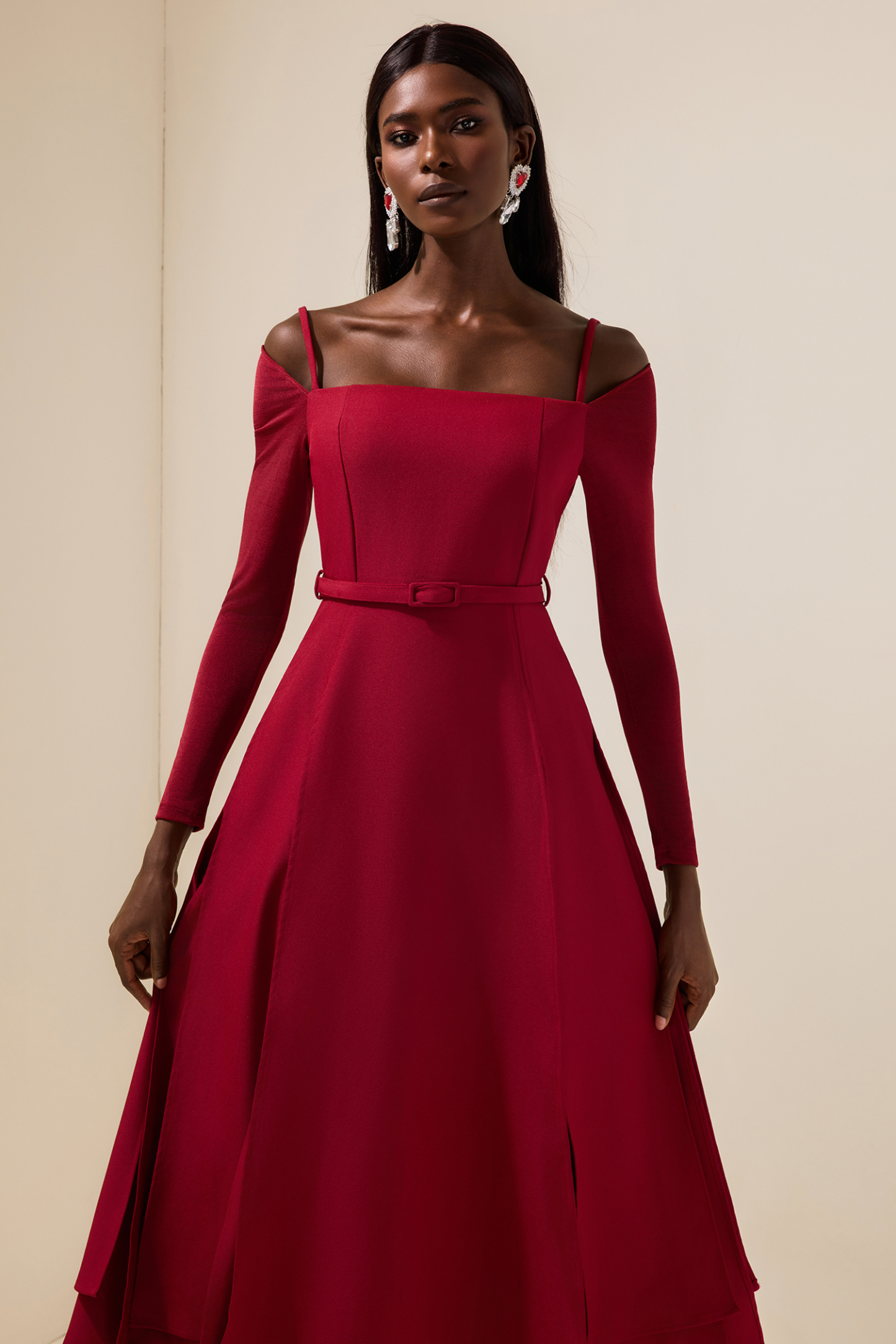 Solid Jersey Square Collar Slit Midi Dress With Belt