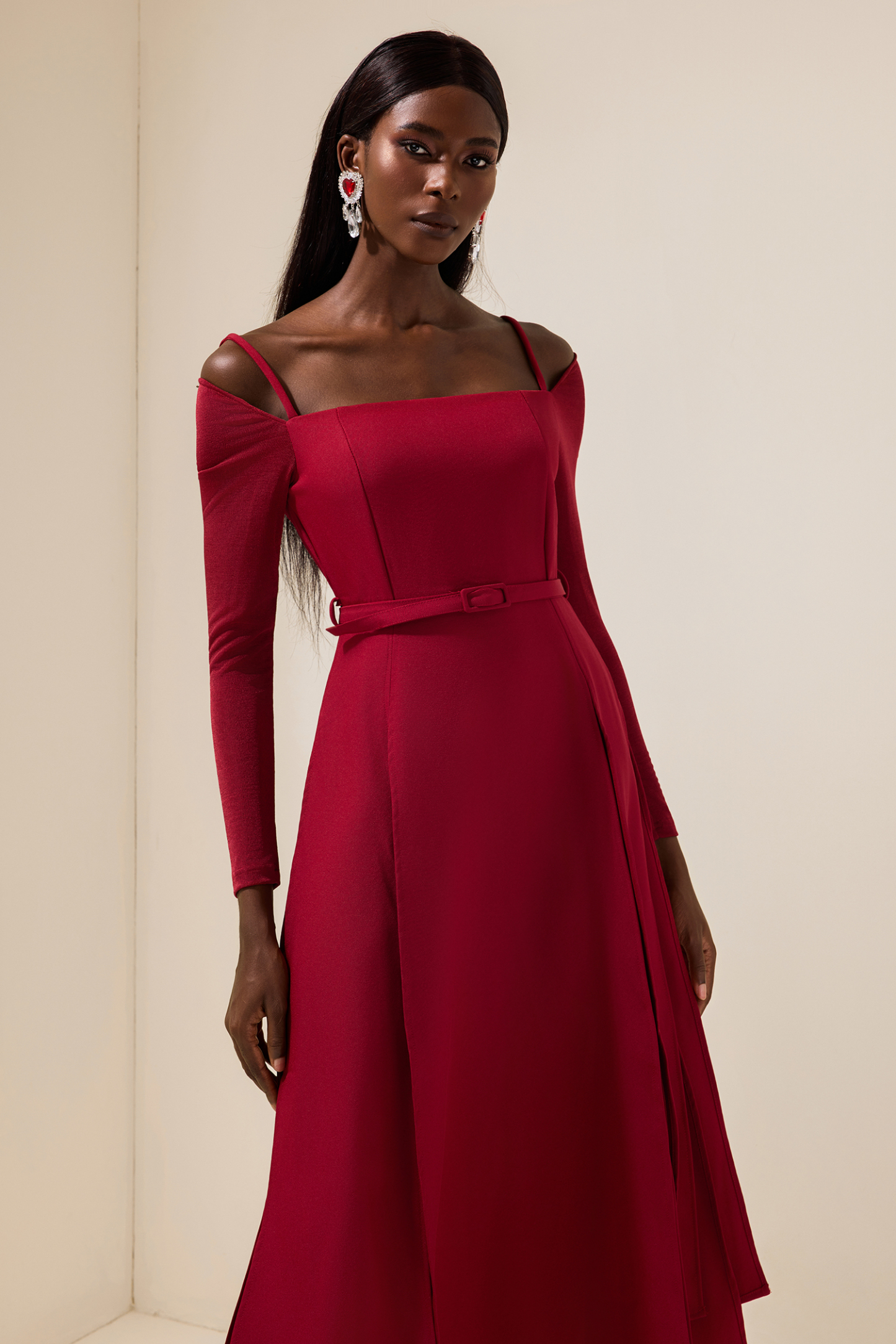 Solid Jersey Square Collar Slit Midi Dress With Belt