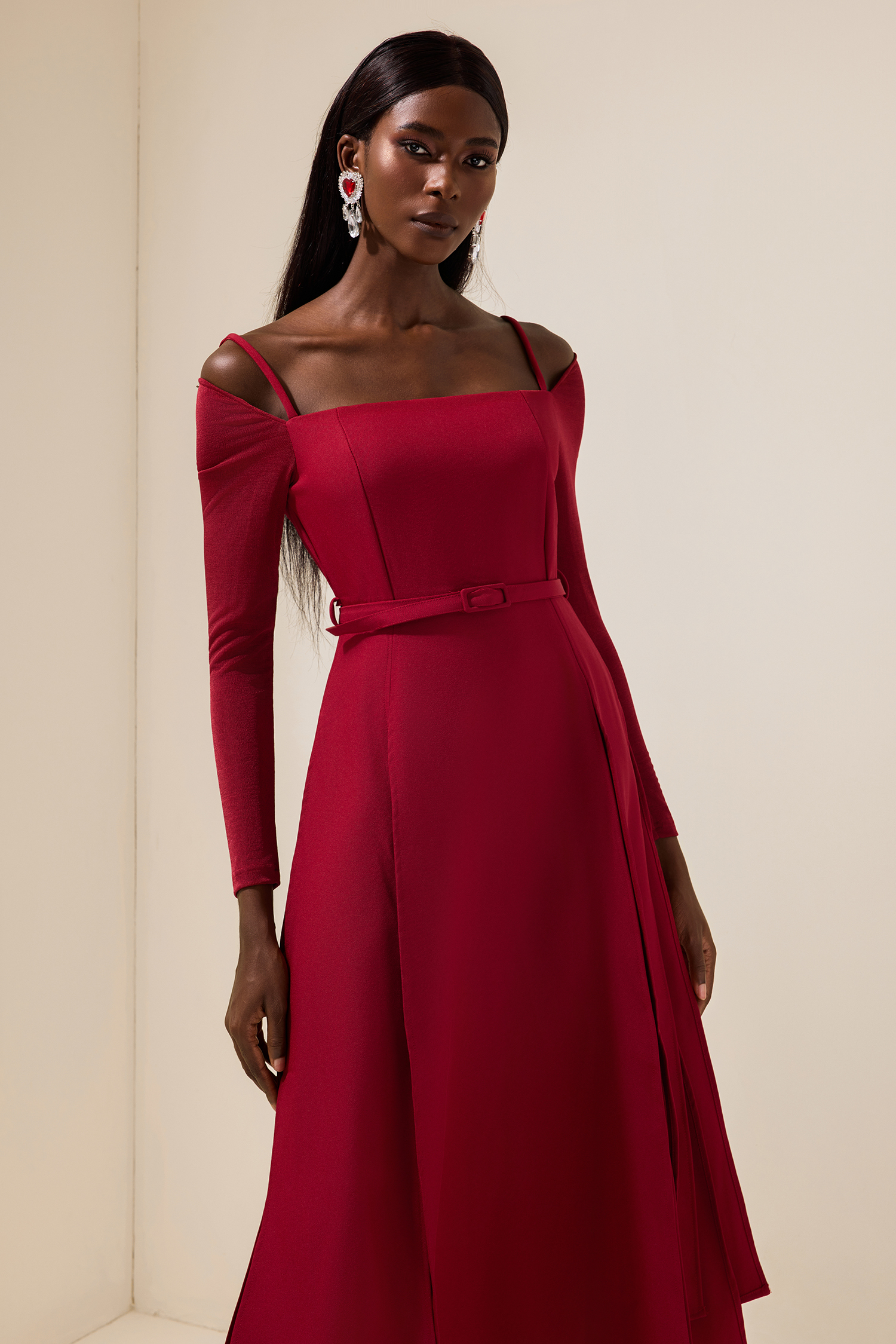 Solid Jersey Square Collar Slit Midi Dress With Belt