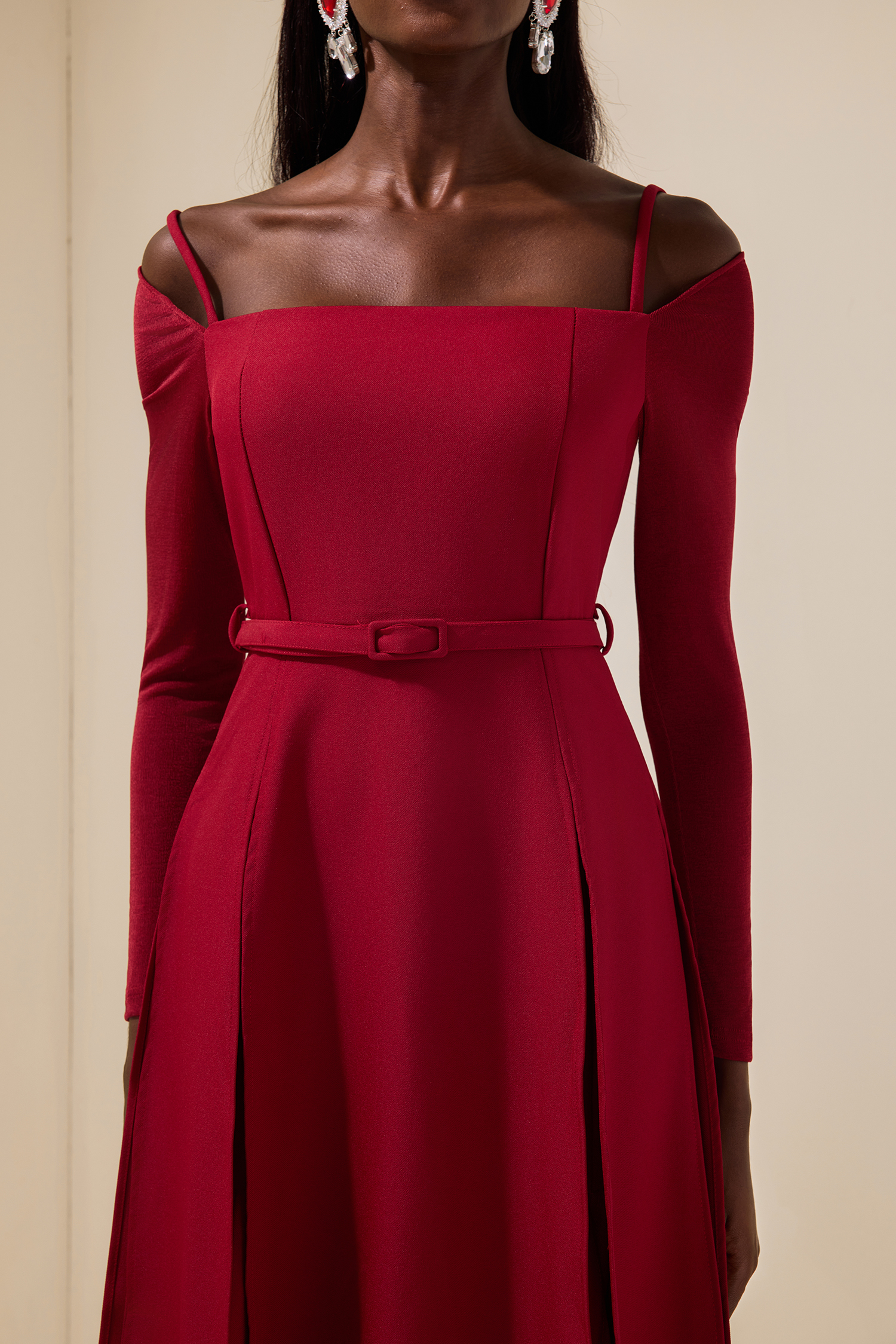 Solid Jersey Square Collar Slit Midi Dress With Belt
