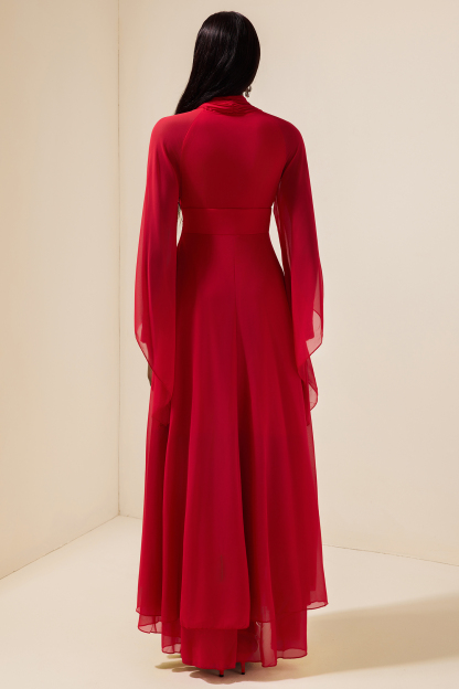 Solid Chiffon Gathering Long Sleeve Maxi Dress