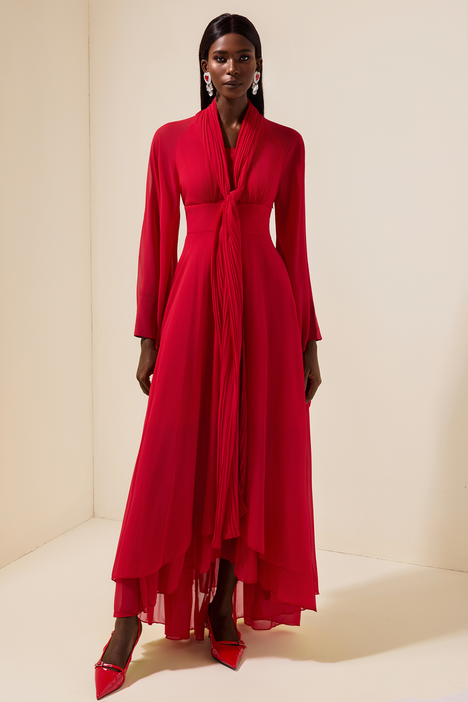 Solid Chiffon Gathering Long Sleeve Maxi Dress