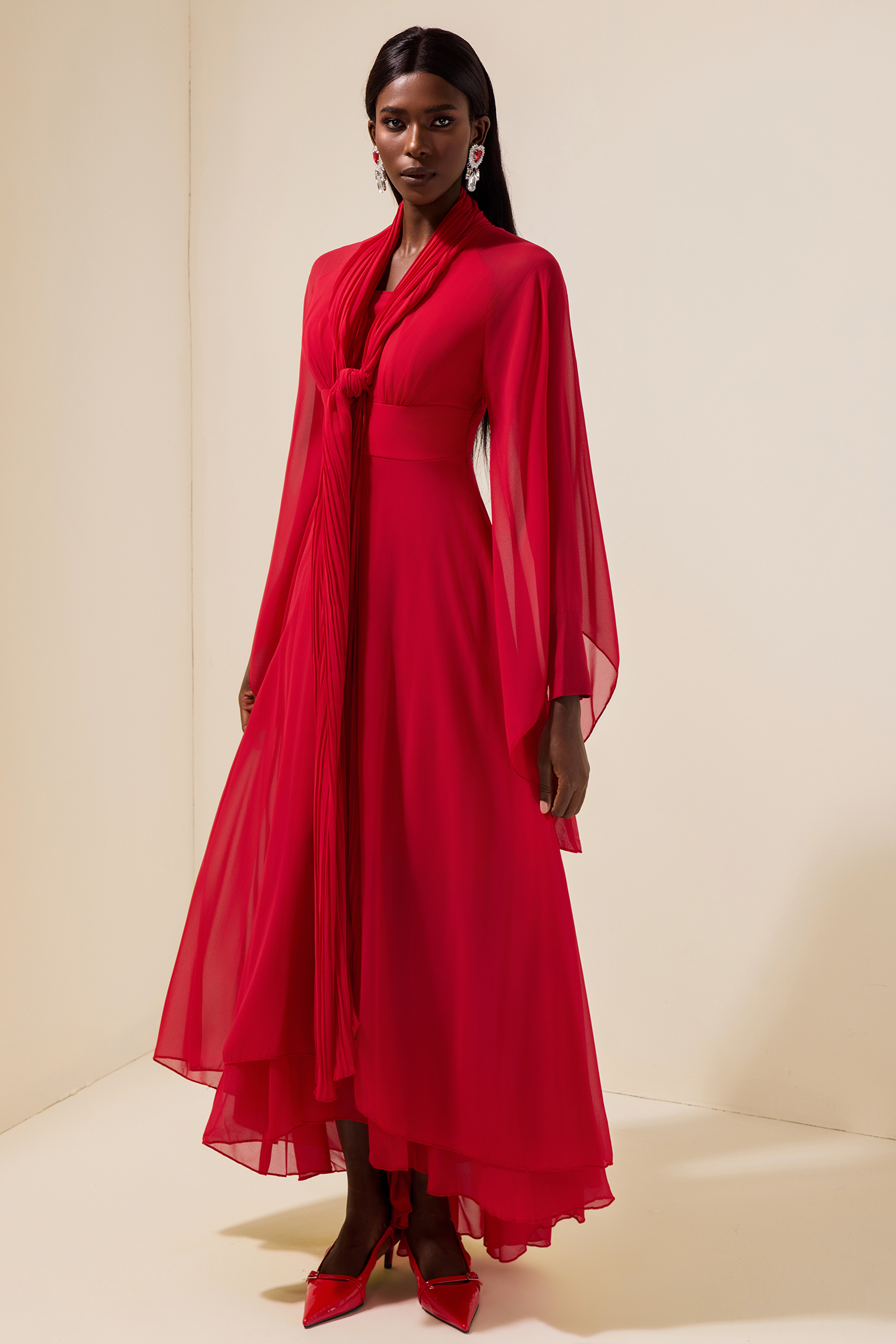 Solid Chiffon Gathering Long Sleeve Maxi Dress