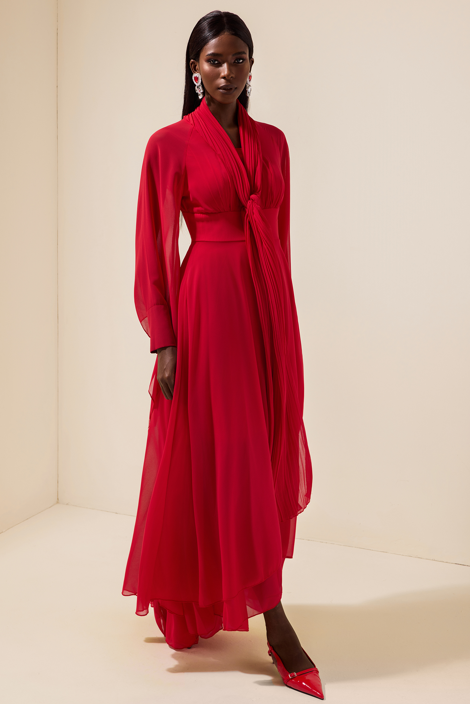 Solid Chiffon Gathering Long Sleeve Maxi Dress