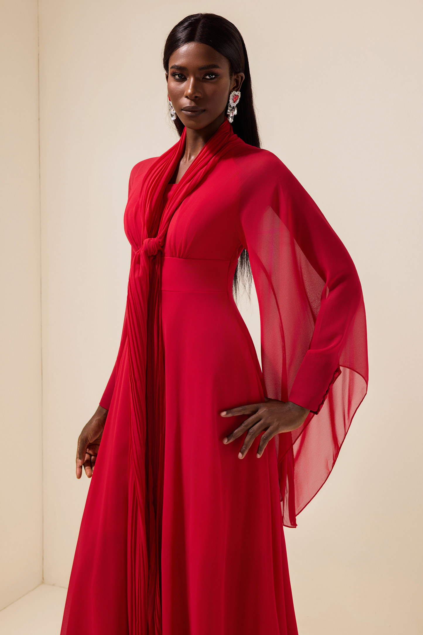 Solid Chiffon Gathering Long Sleeve Maxi Dress