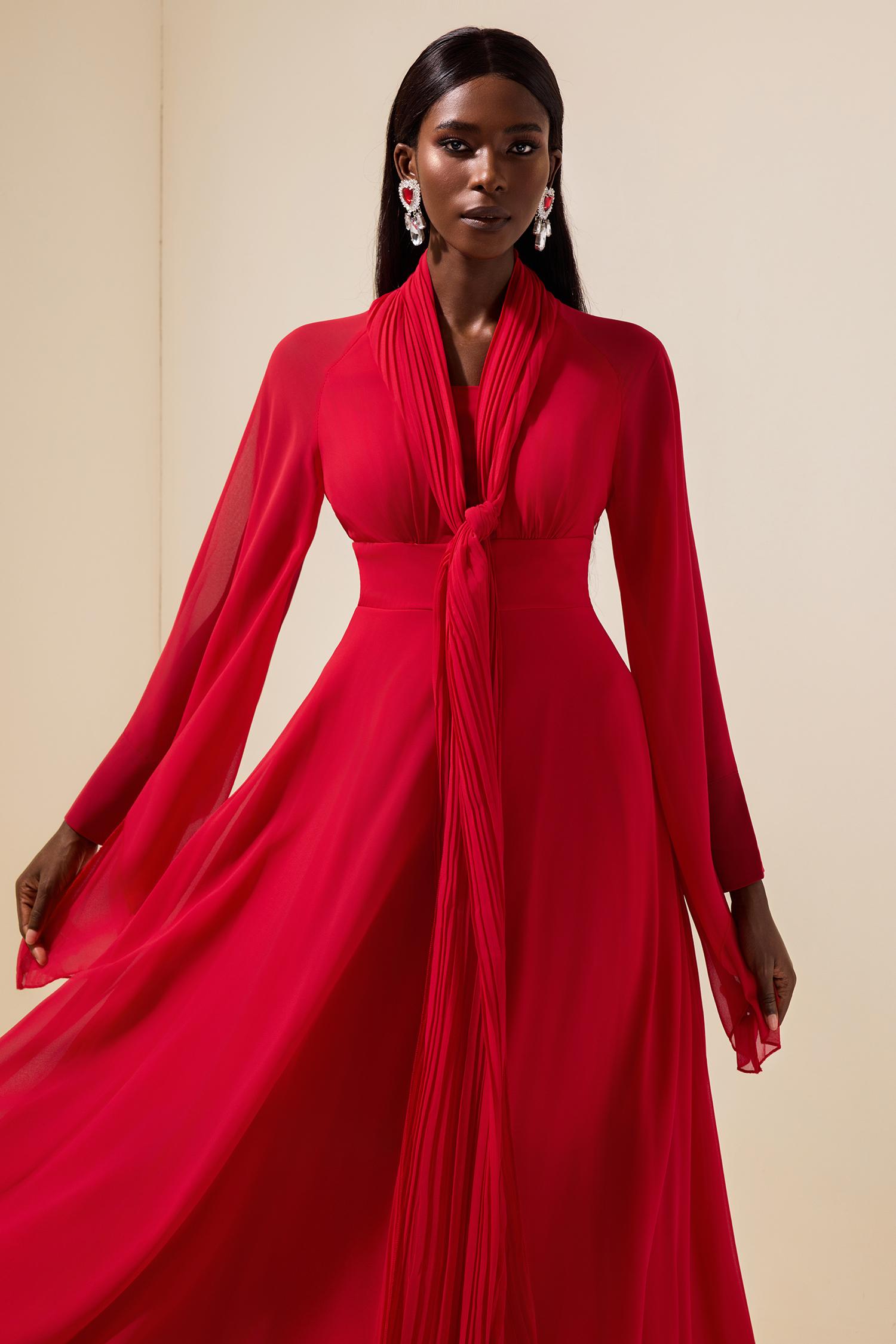 Solid Chiffon Gathering Long Sleeve Maxi Dress