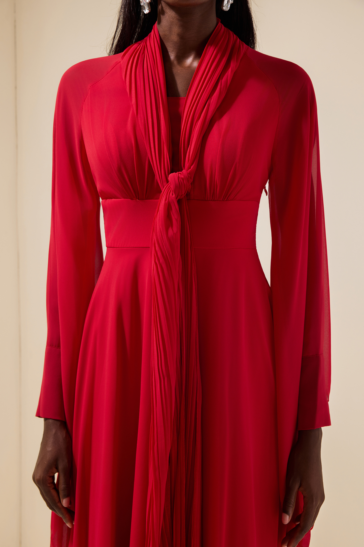 Solid Chiffon Gathering Long Sleeve Maxi Dress