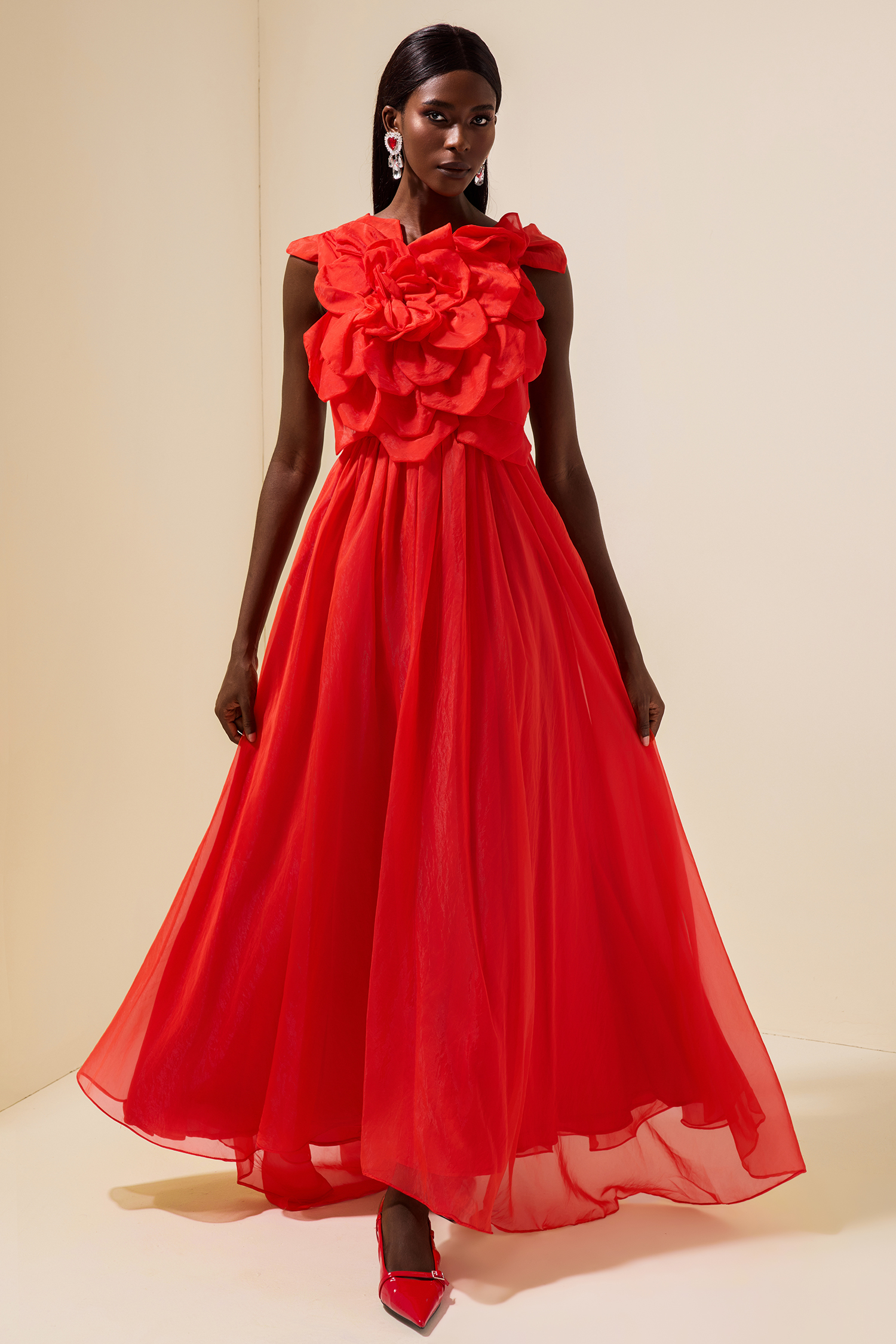 Mesh 3D Flower Maxi Dress