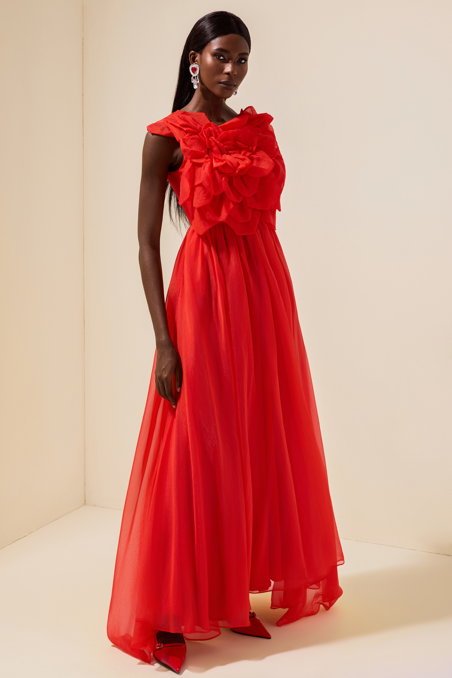 Mesh 3D Flower Maxi Dress