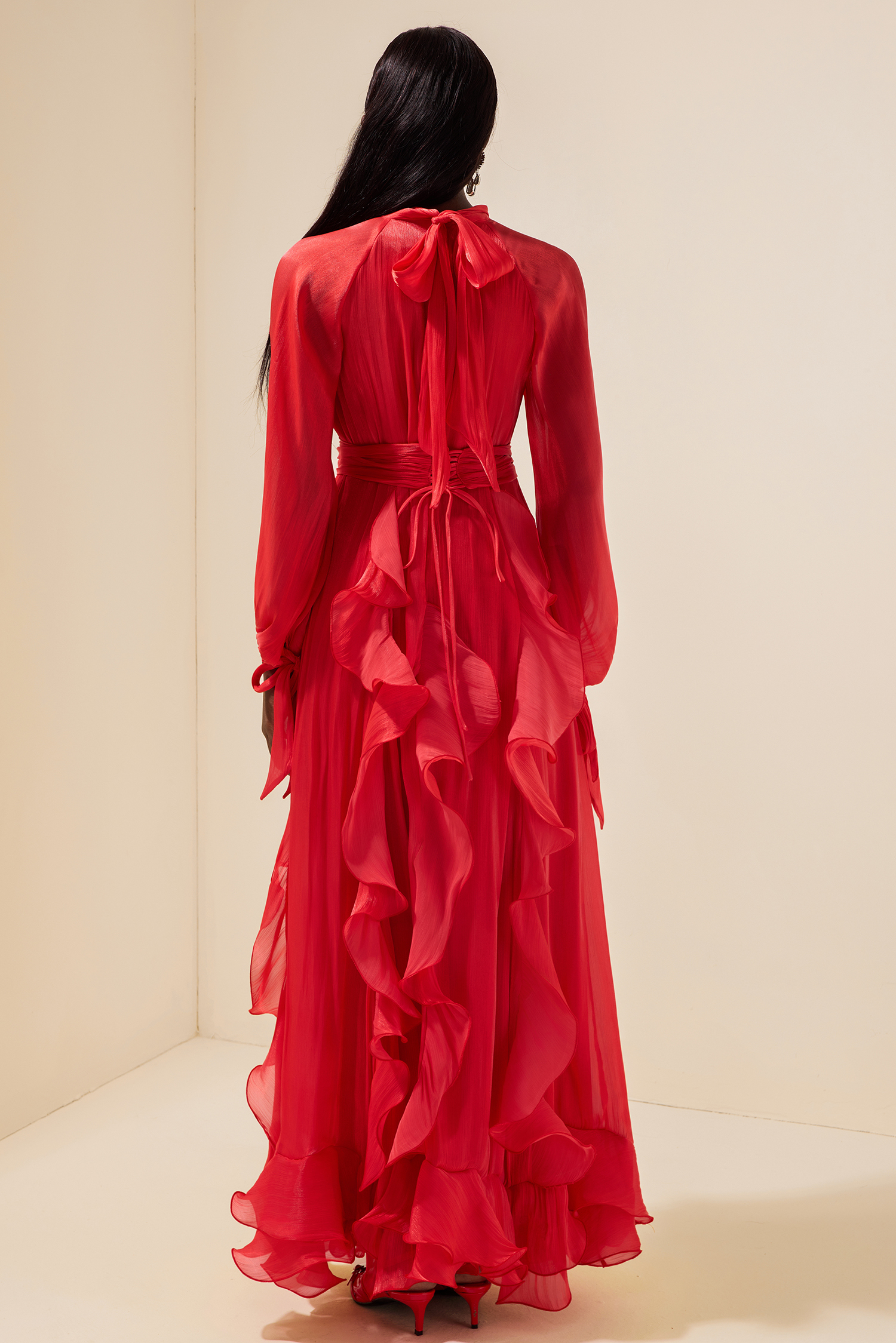 Solid Stand Collar Pleated Frill Maxi Dress With Belt