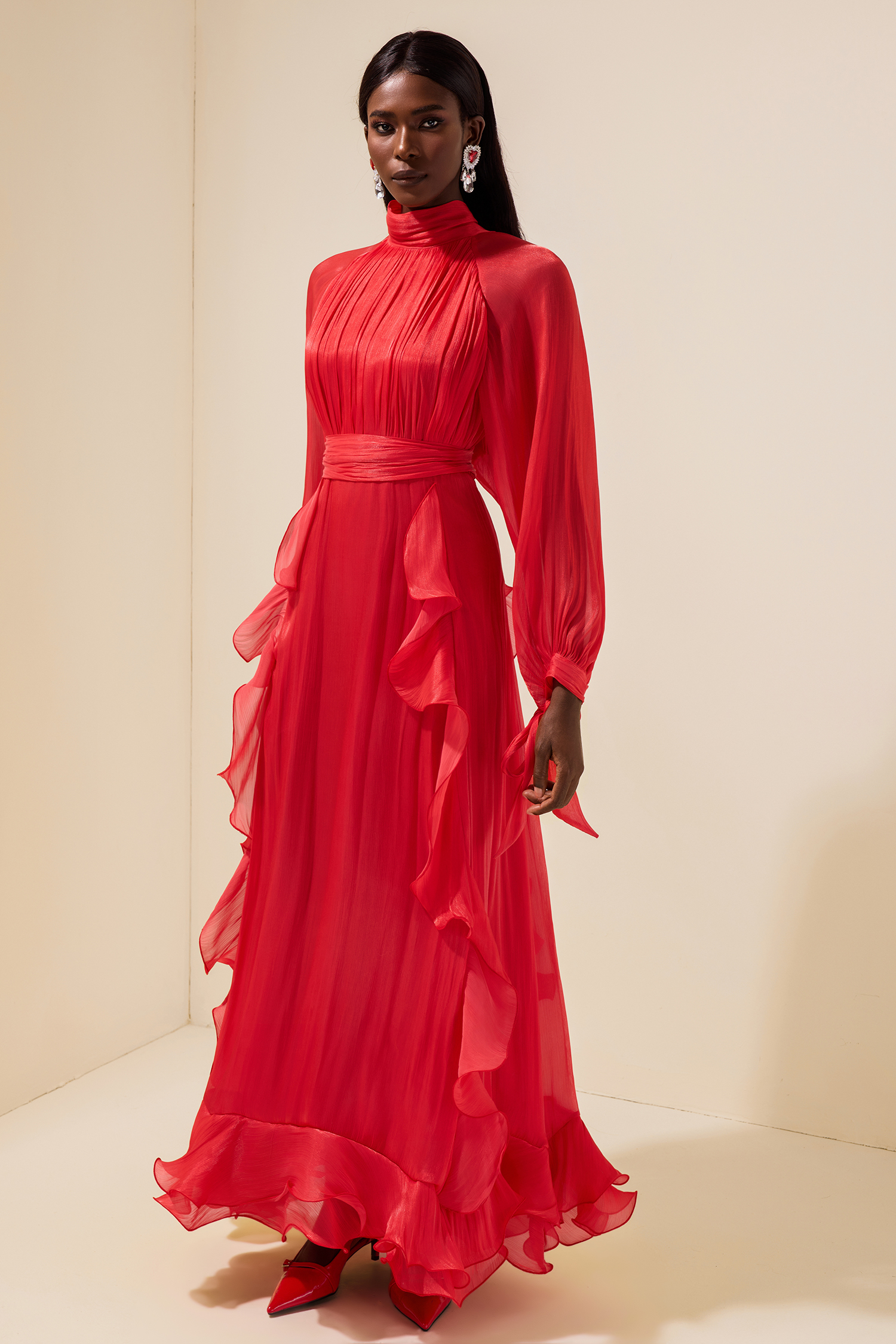 Solid Stand Collar Pleated Frill Maxi Dress With Belt