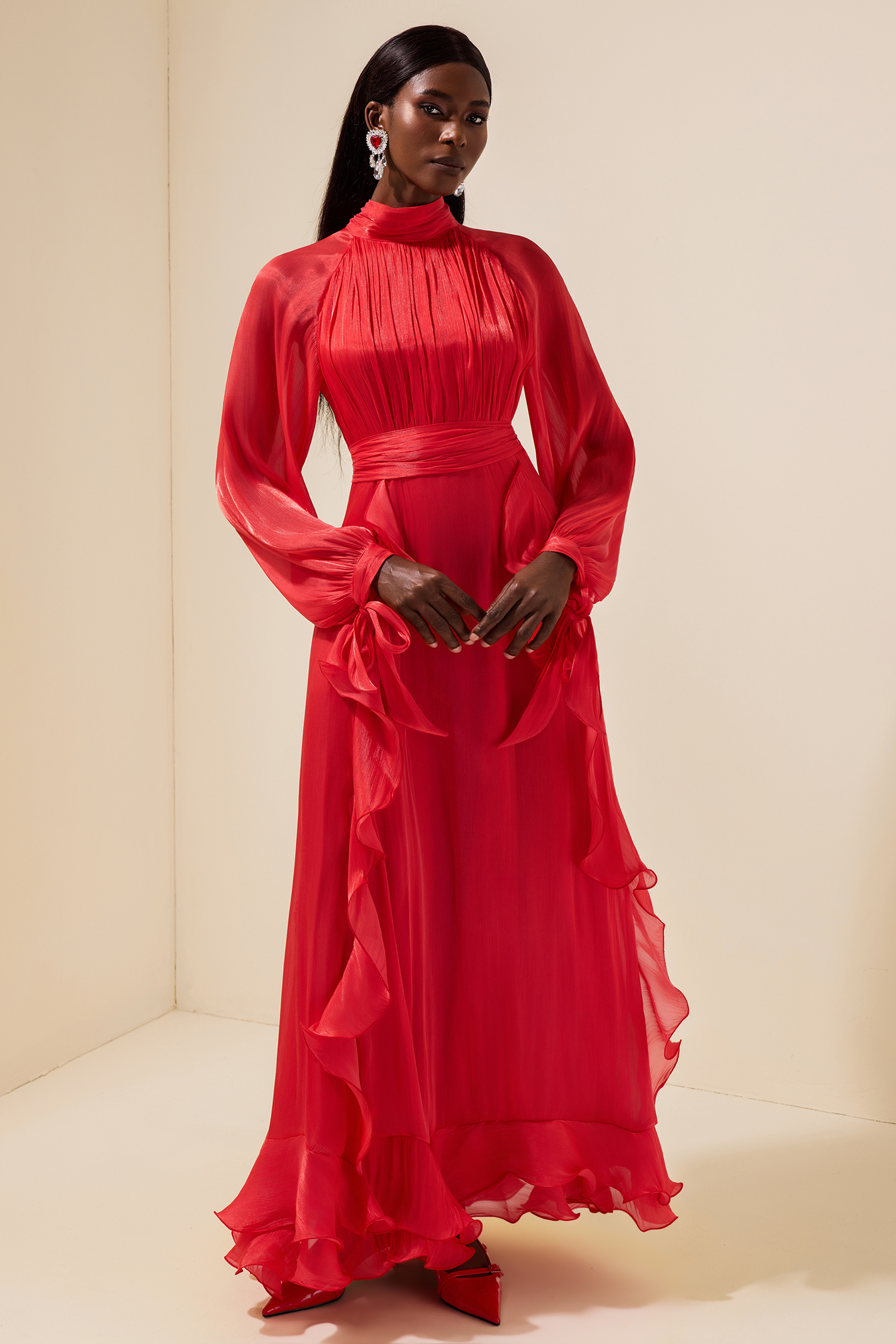 Solid Stand Collar Pleated Frill Maxi Dress With Belt