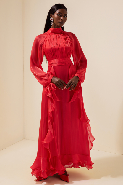 Solid Stand Collar Pleated Frill Maxi Dress With Belt