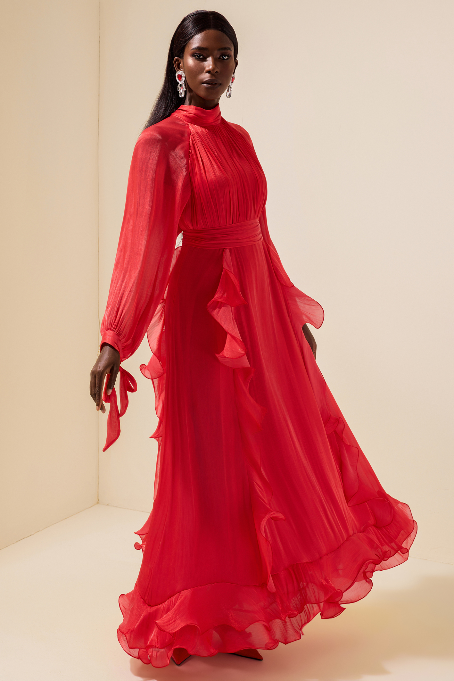 Solid Stand Collar Pleated Frill Maxi Dress With Belt