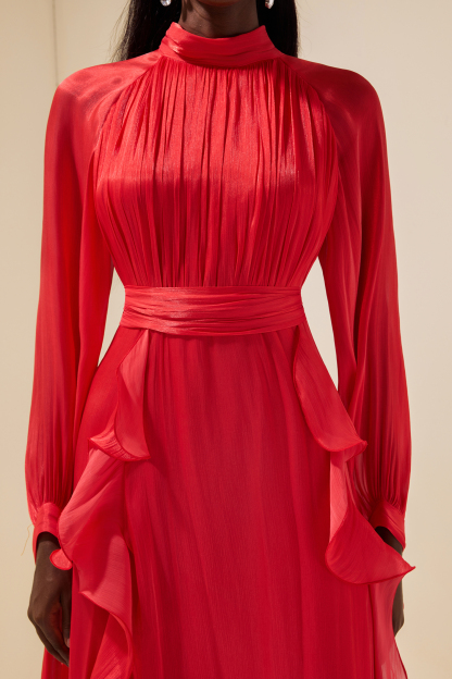 Solid Stand Collar Pleated Frill Maxi Dress With Belt