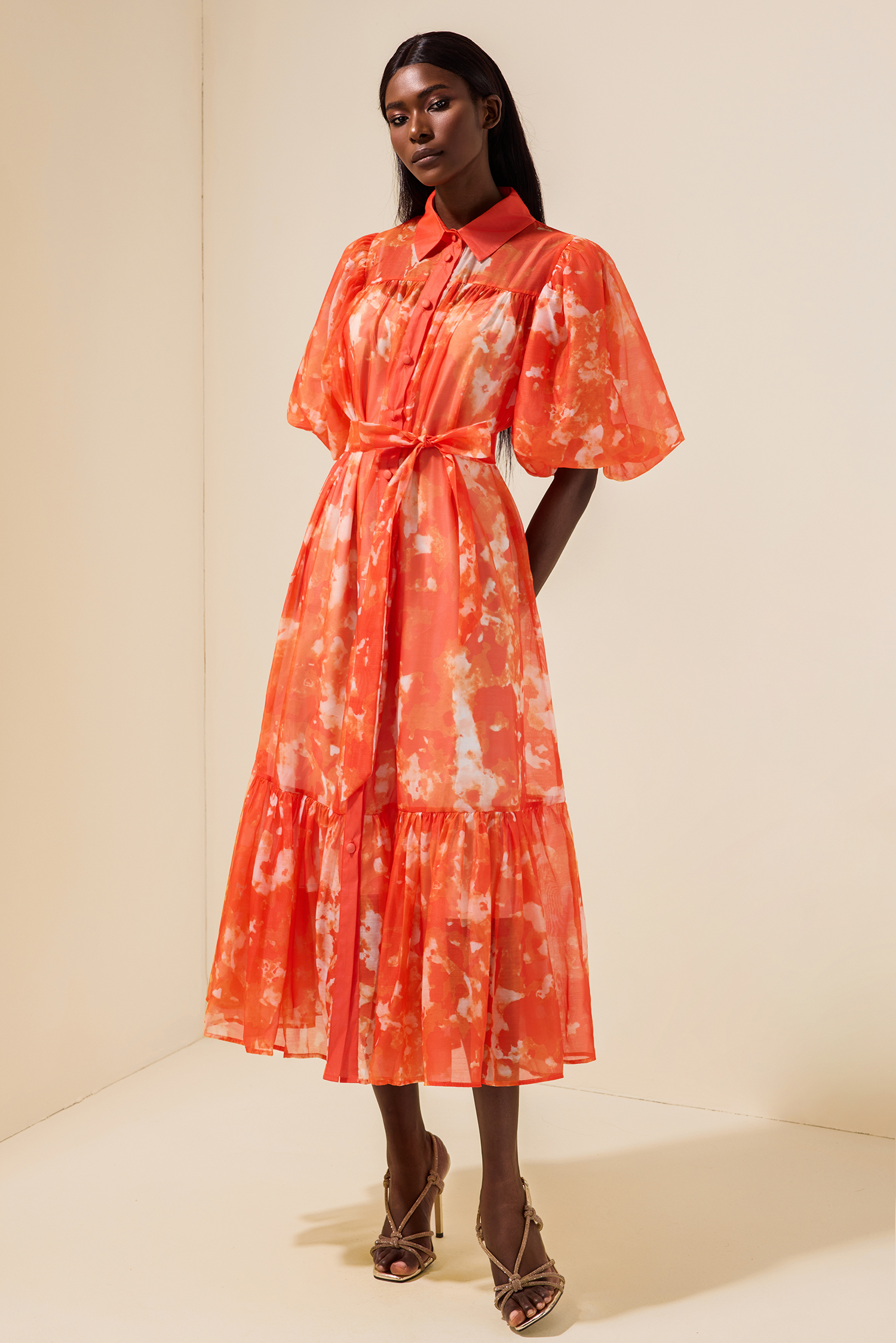 Abstract Print Single Breasted Midi Dress With Belt