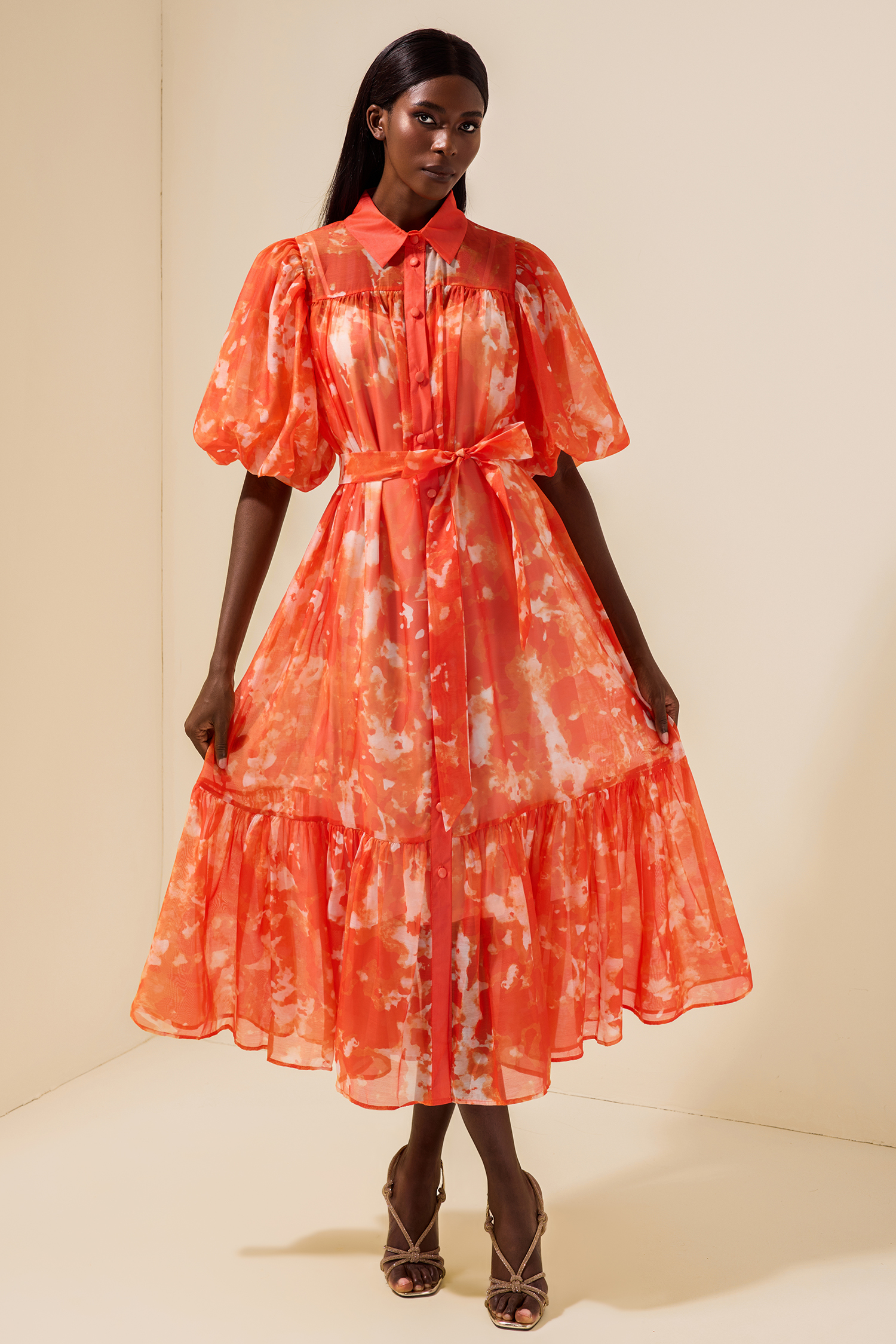 Abstract Print Single Breasted Midi Dress With Belt