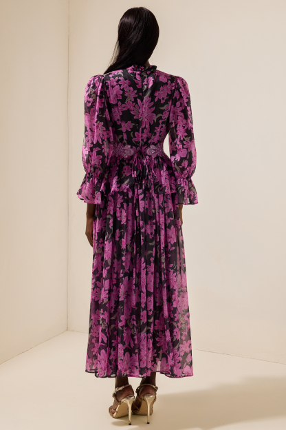 Floral Stand Collar Single Breasted Midi Dress With Belt