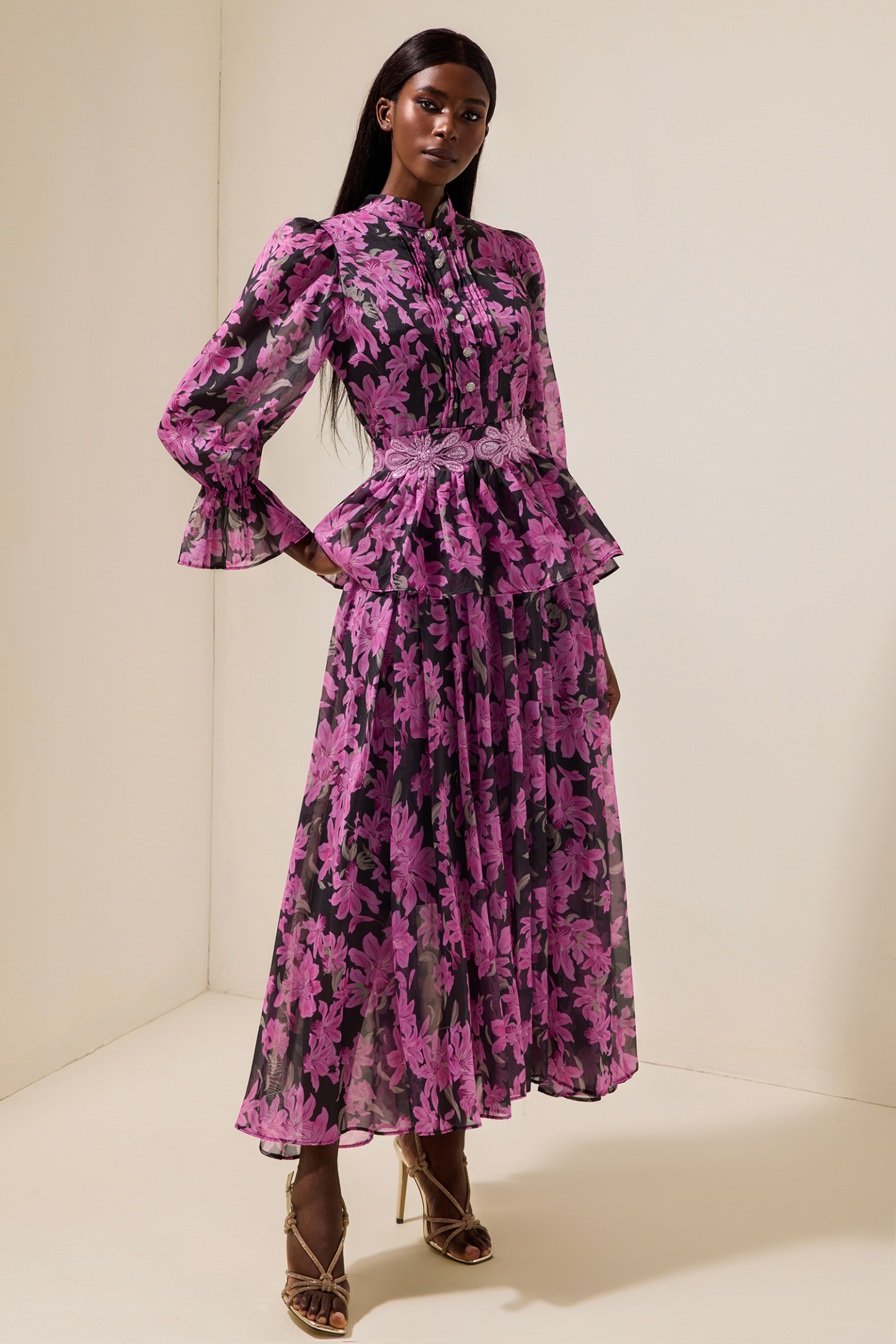 Floral Stand Collar Single Breasted Midi Dress With Belt