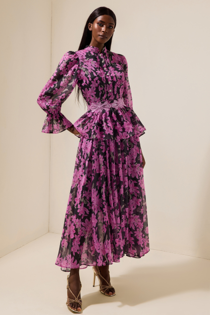 Floral Stand Collar Single Breasted Midi Dress With Belt