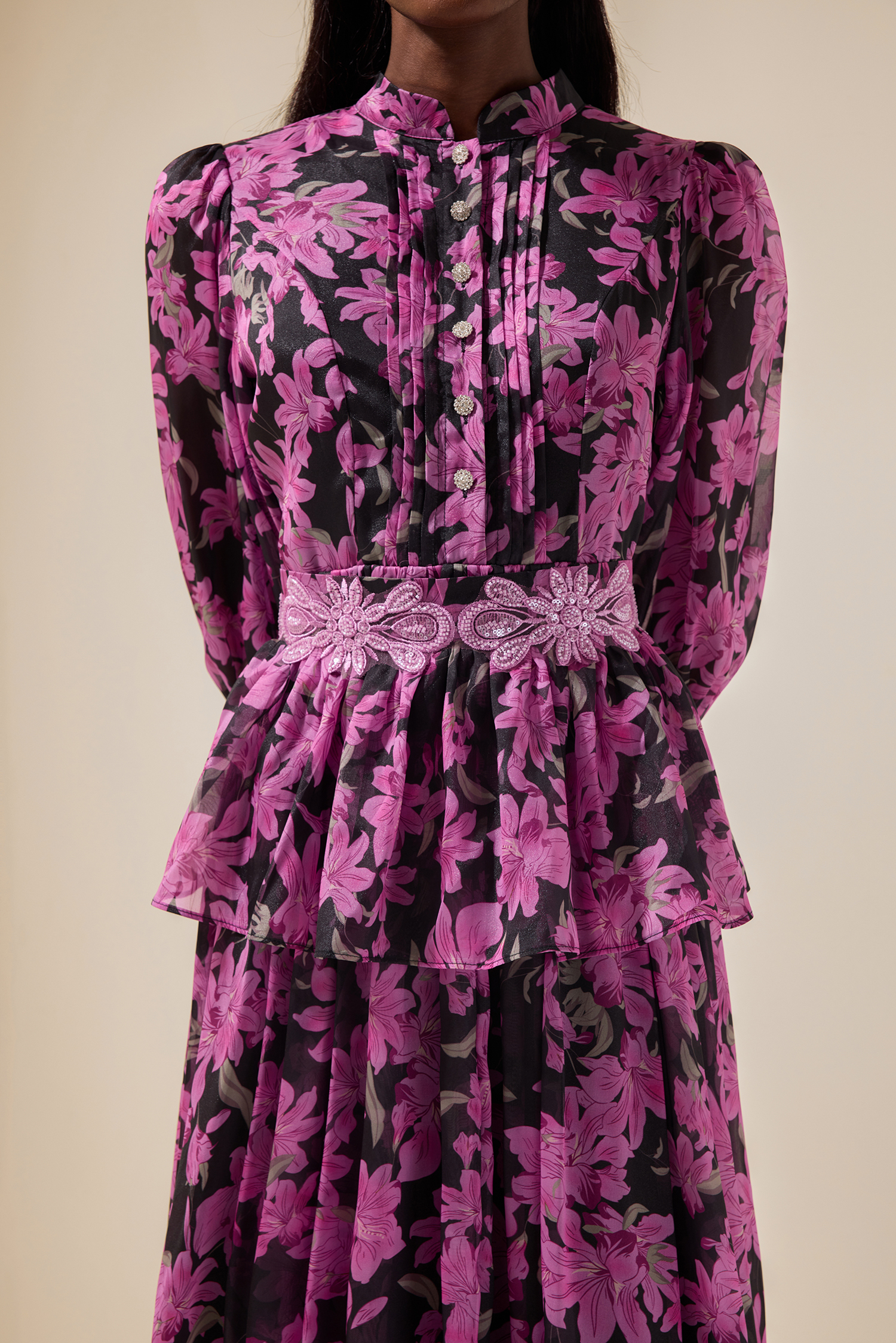 Floral Stand Collar Single Breasted Midi Dress With Belt