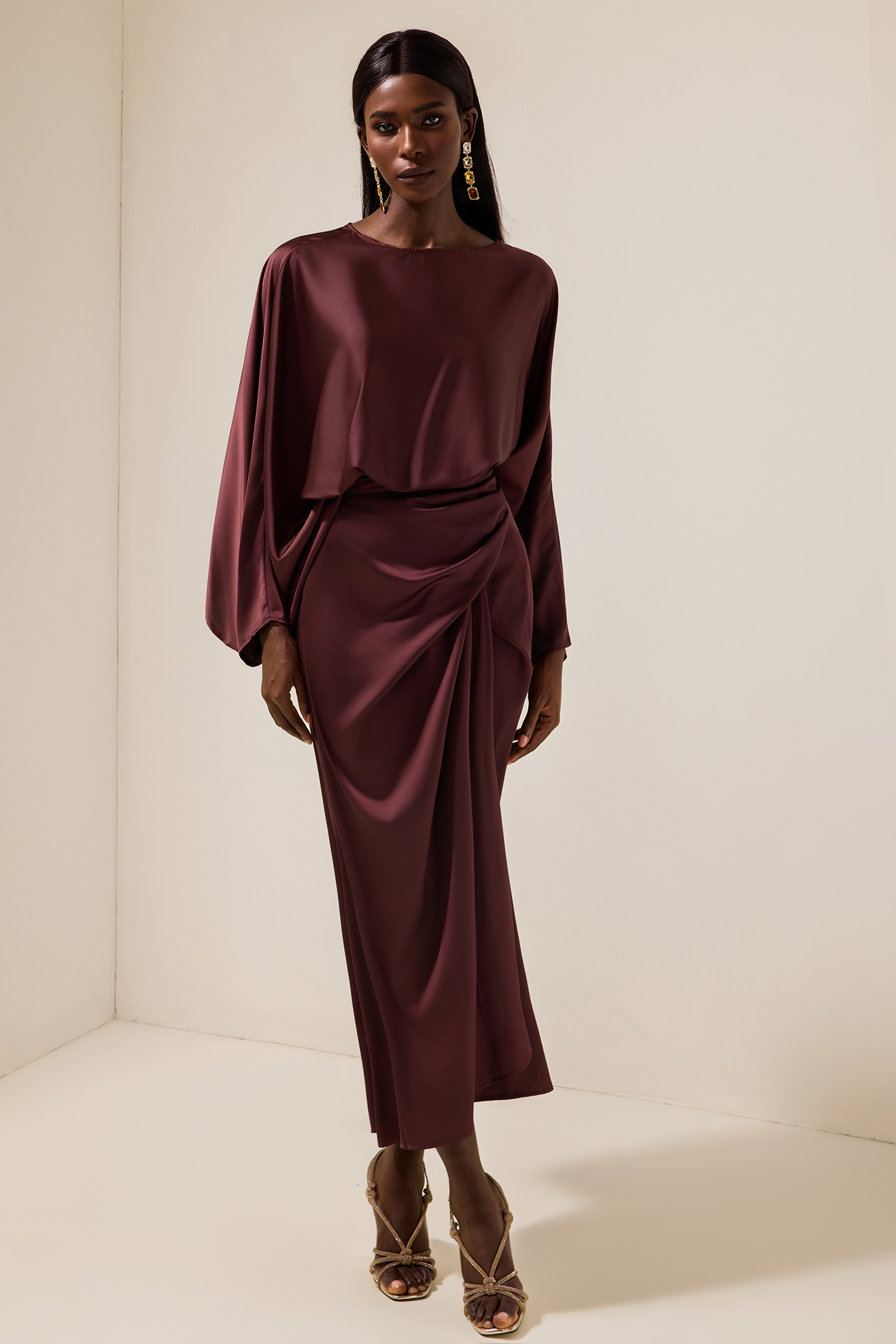 Satin Batwing Sleeve Top & Wrap Dress Midi Skirt Set