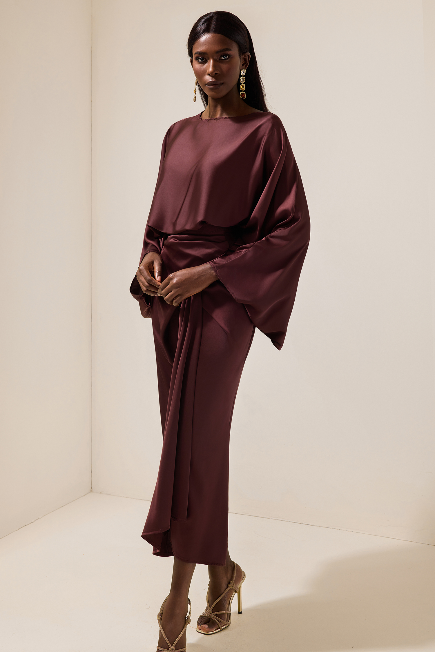 Satin Batwing Sleeve Top & Wrap Dress Midi Skirt Set