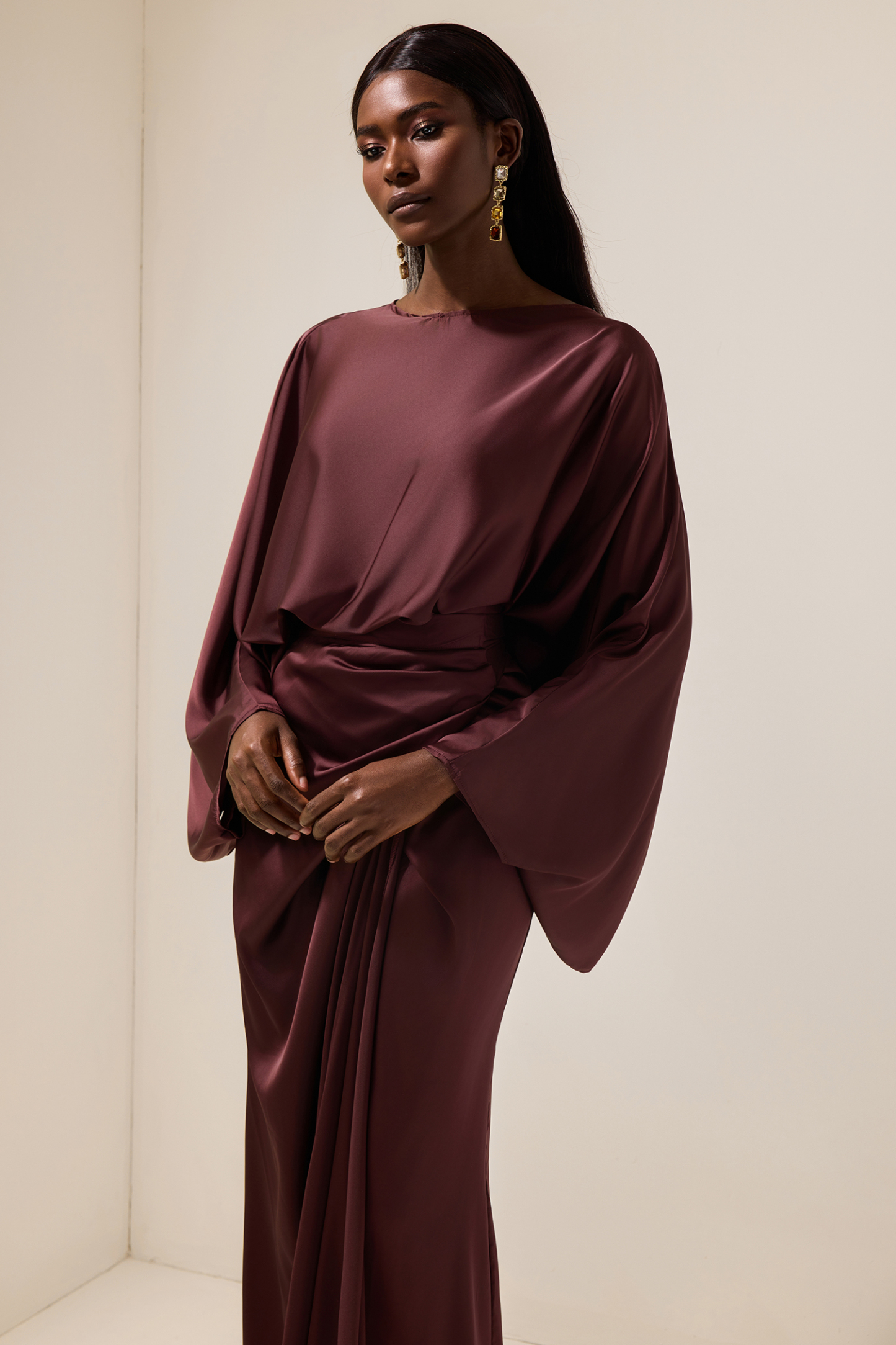 Satin Batwing Sleeve Top & Wrap Dress Midi Skirt Set
