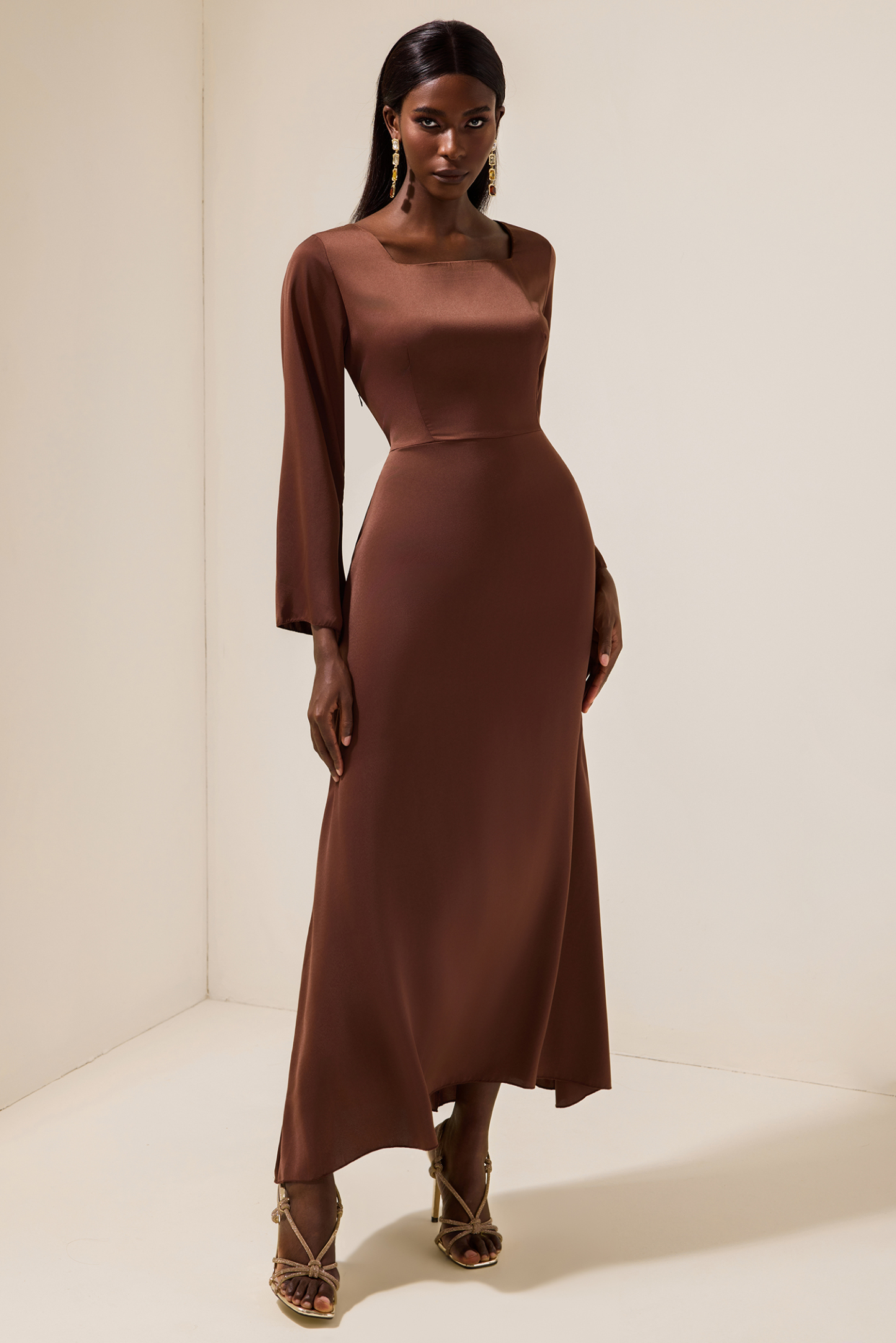 Satin Square Collar Tie-Up Slit Maxi Dress