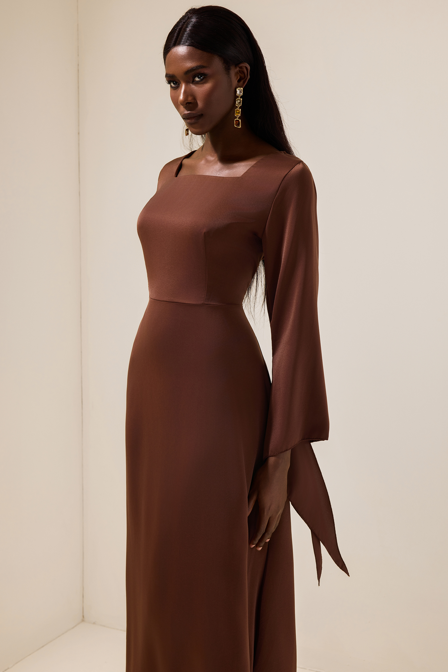 Satin Square Collar Tie-Up Slit Maxi Dress