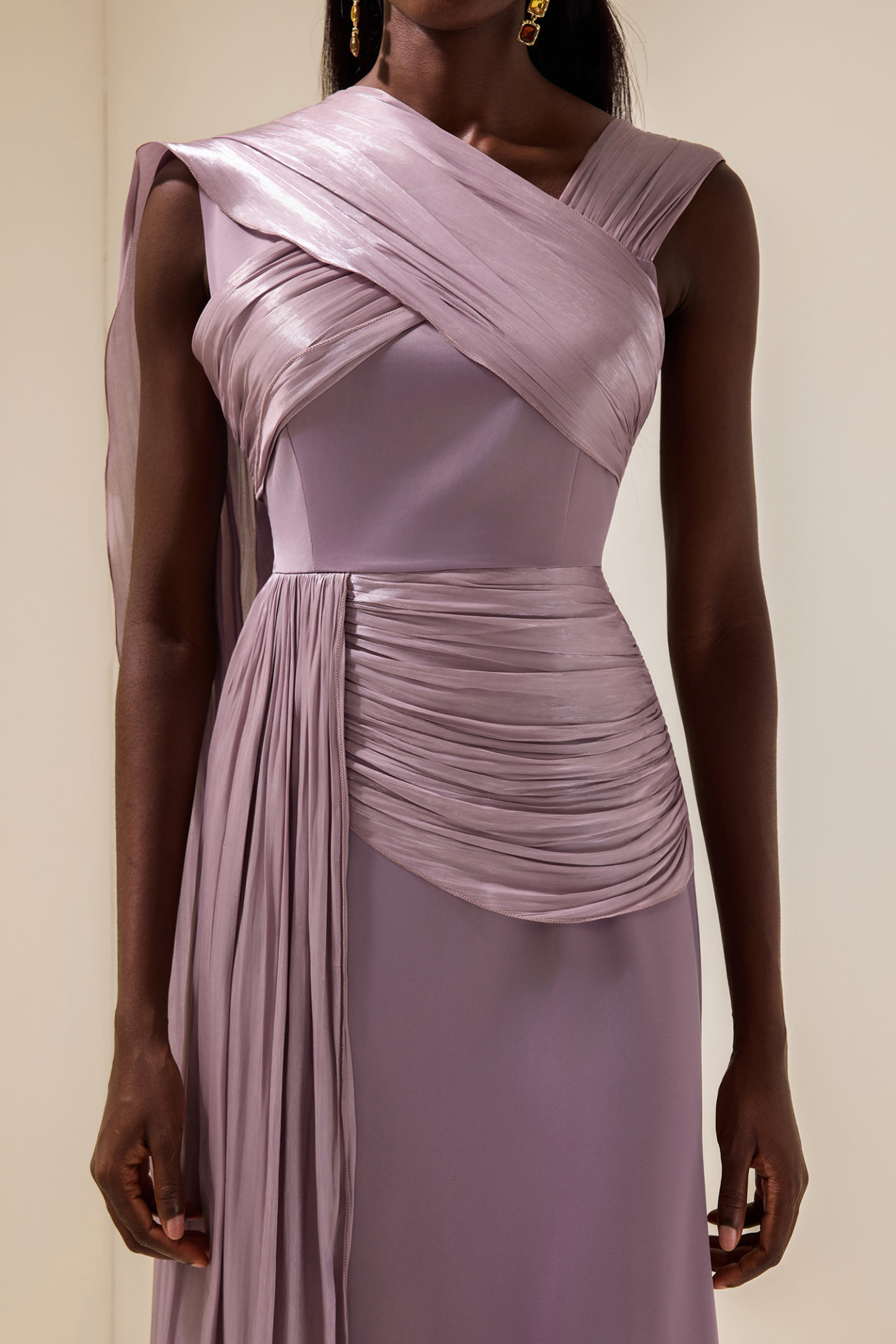 Satin Gathering Cape Sleeve Midi Dress