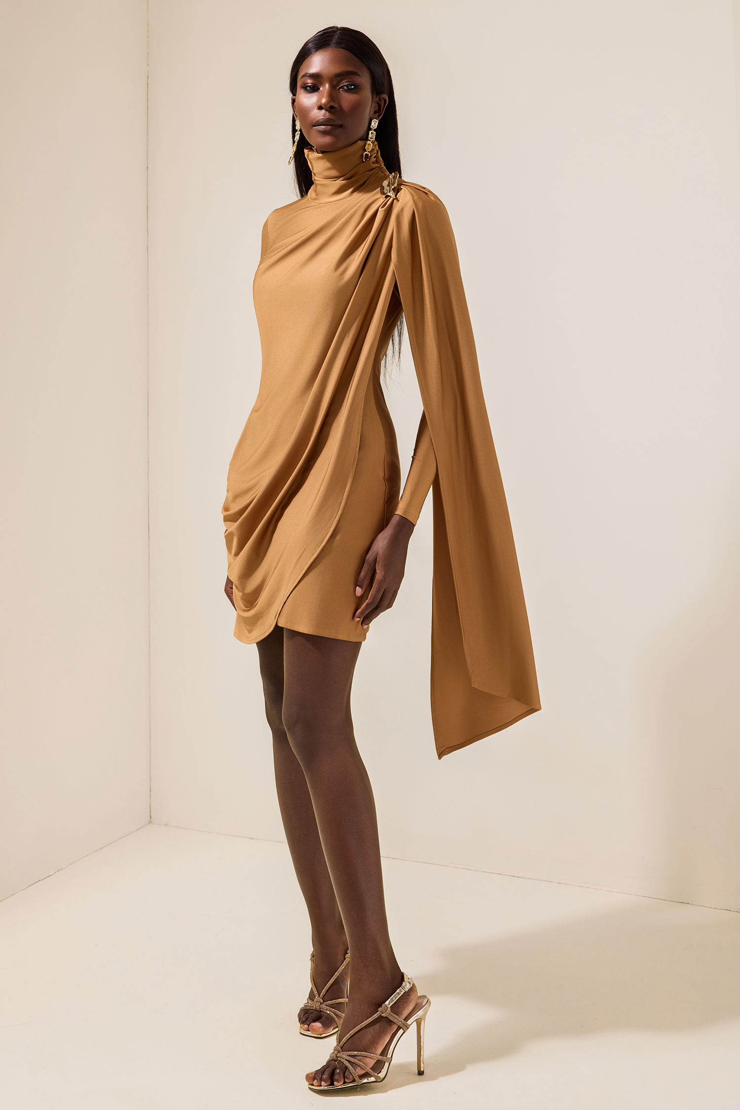 Satin Cape Long Sleeve Mini Dress