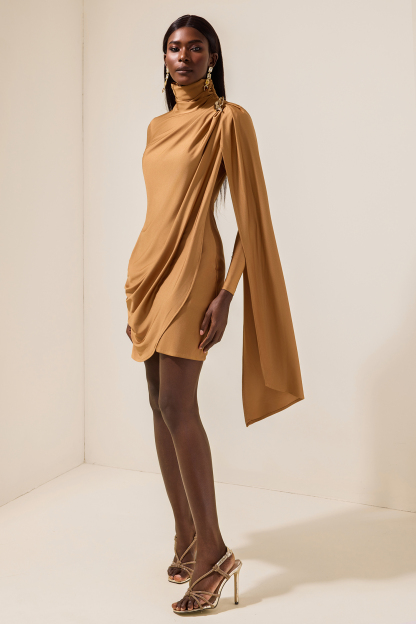 Satin Cape Long Sleeve Mini Dress