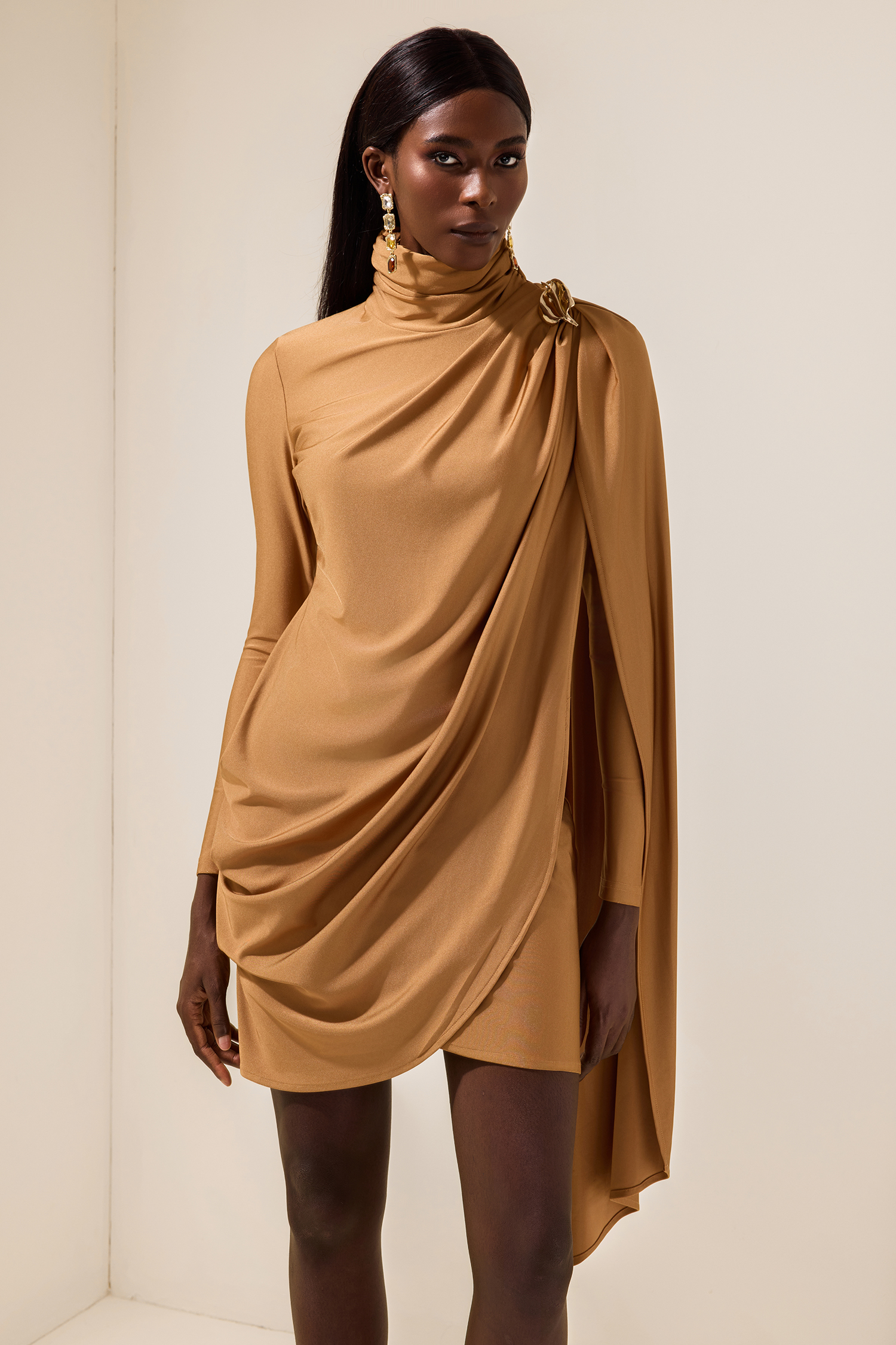 Satin Cape Long Sleeve Mini Dress