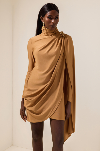 Satin Cape Long Sleeve Mini Dress