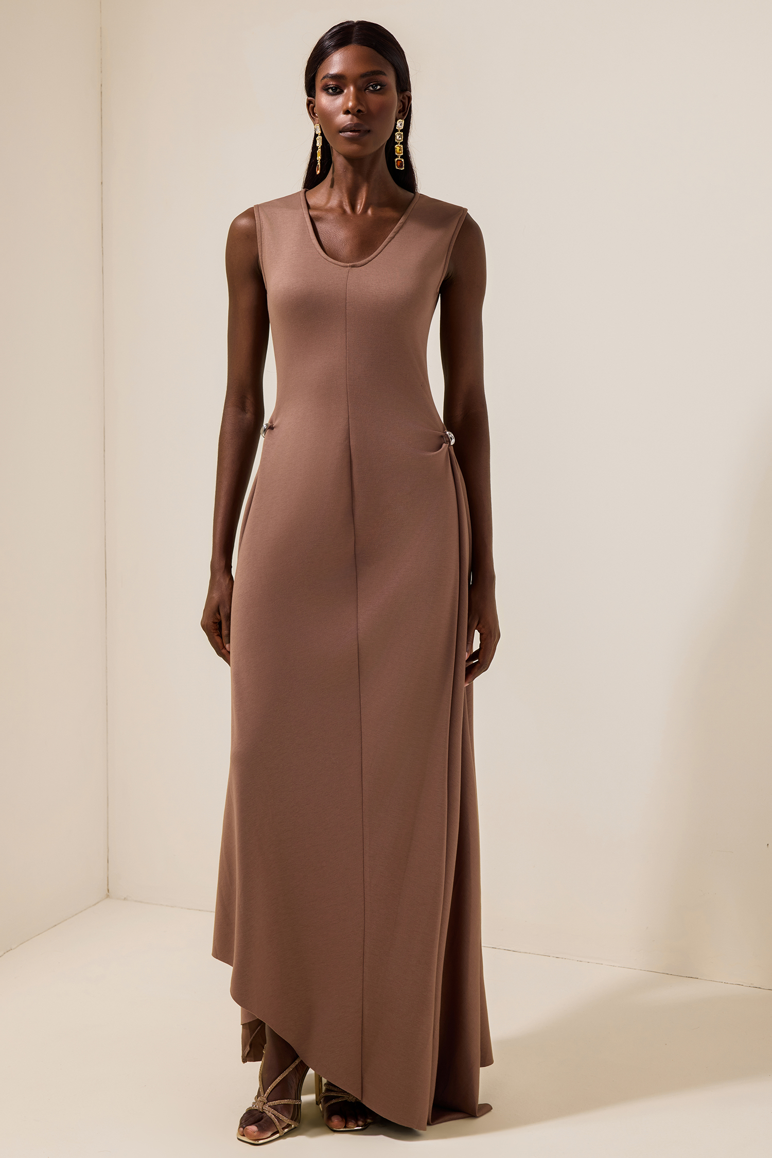 Jersey Round Neck Metal Button Maxi Dress