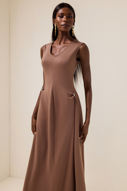 Jersey Round Neck Metal Button Maxi Dress