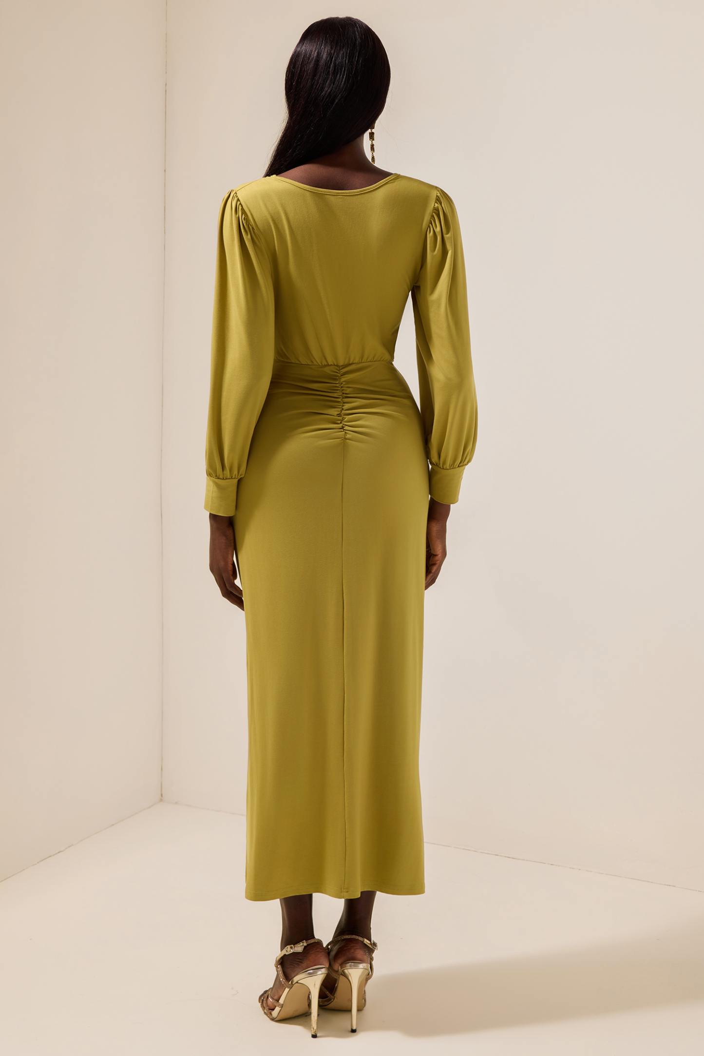 Solid Ruched V-Neck Midi Dress