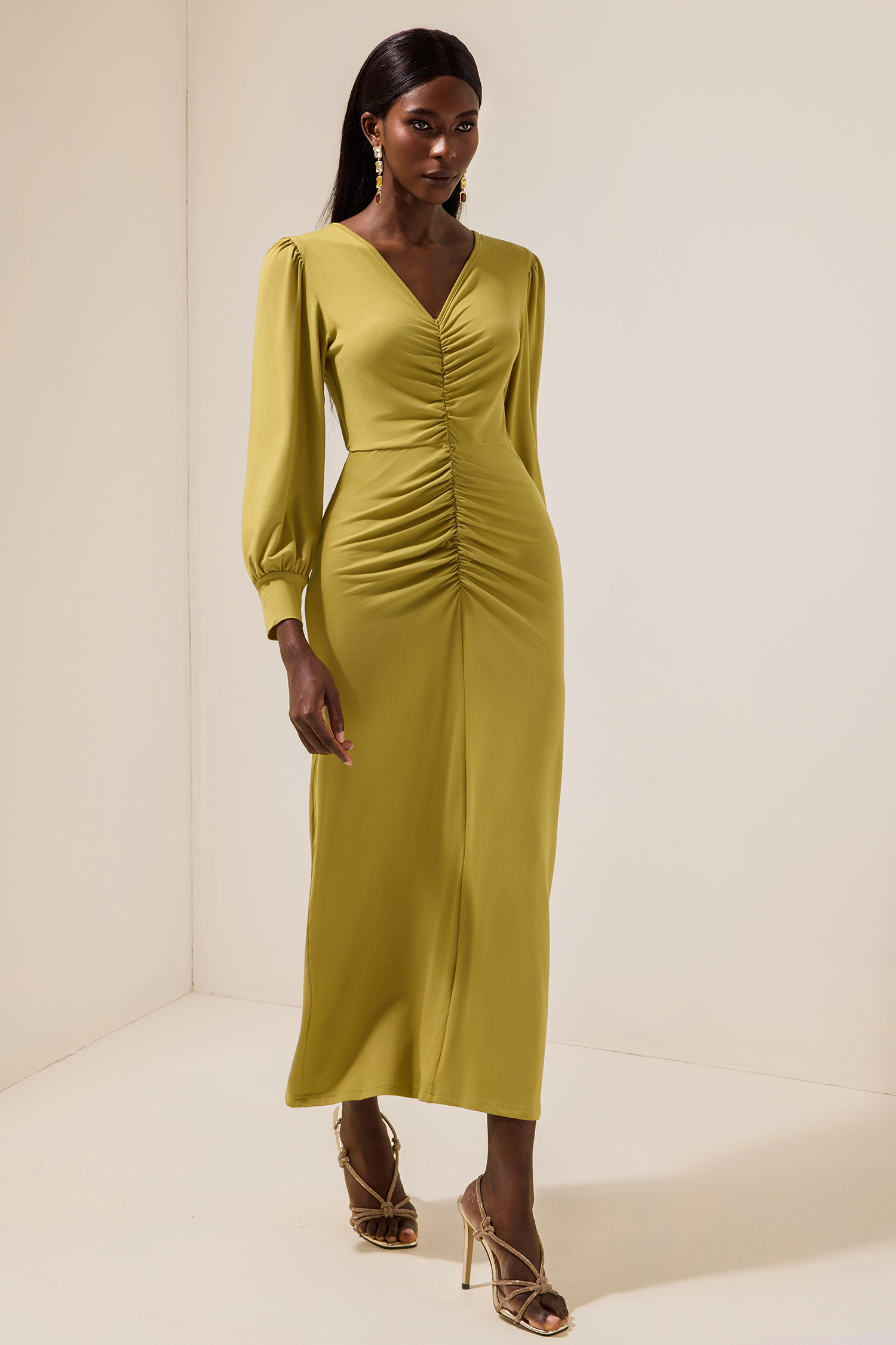 Solid Ruched V-Neck Midi Dress