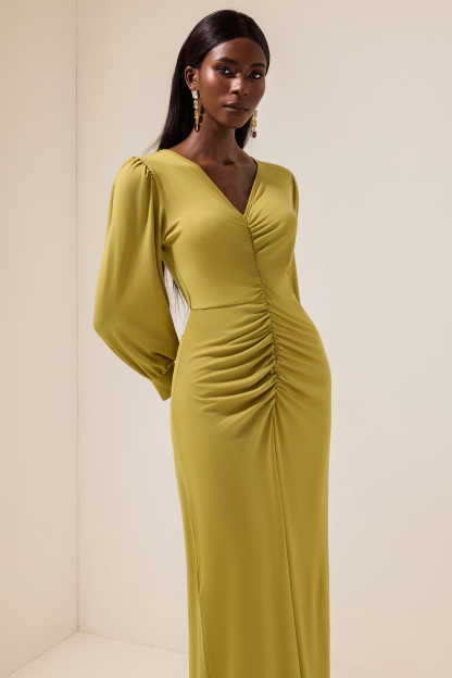 Solid Ruched V-Neck Midi Dress